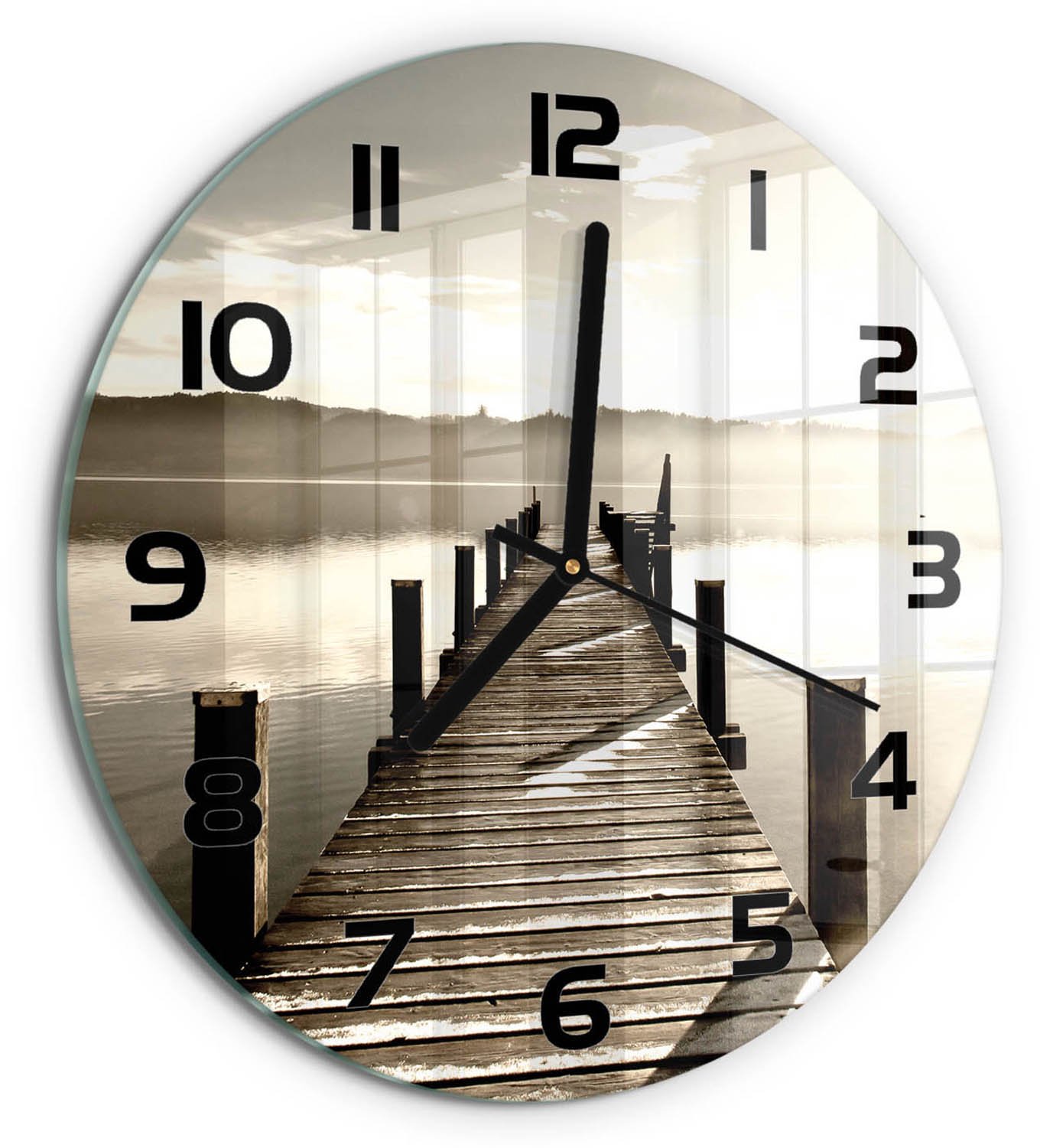 TULUP Wandklok - Houten brug Moderne Wandklok Glas - fi30 cm - Bruin Wandklok Glas Decoratie - Zwarte handen - Ronde Klok - Glazen Wandklok Design - Klok Glas Met Opdruk
