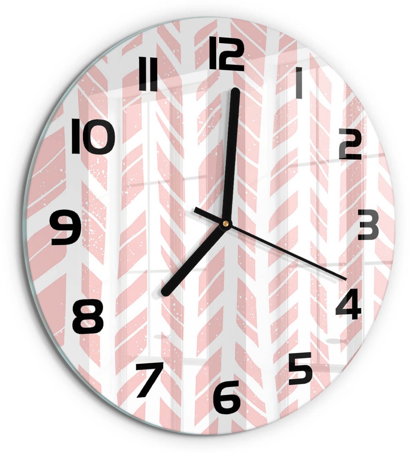 TULUP Wandklok - Visgraatpatroon Klok Glas Met Opdruk - fi30 cm - Roze Moderne Wandklok Glas - Zwarte handen - Ronde Klok - Decoratieve Glazen Klok - Glazen Wandklok Design