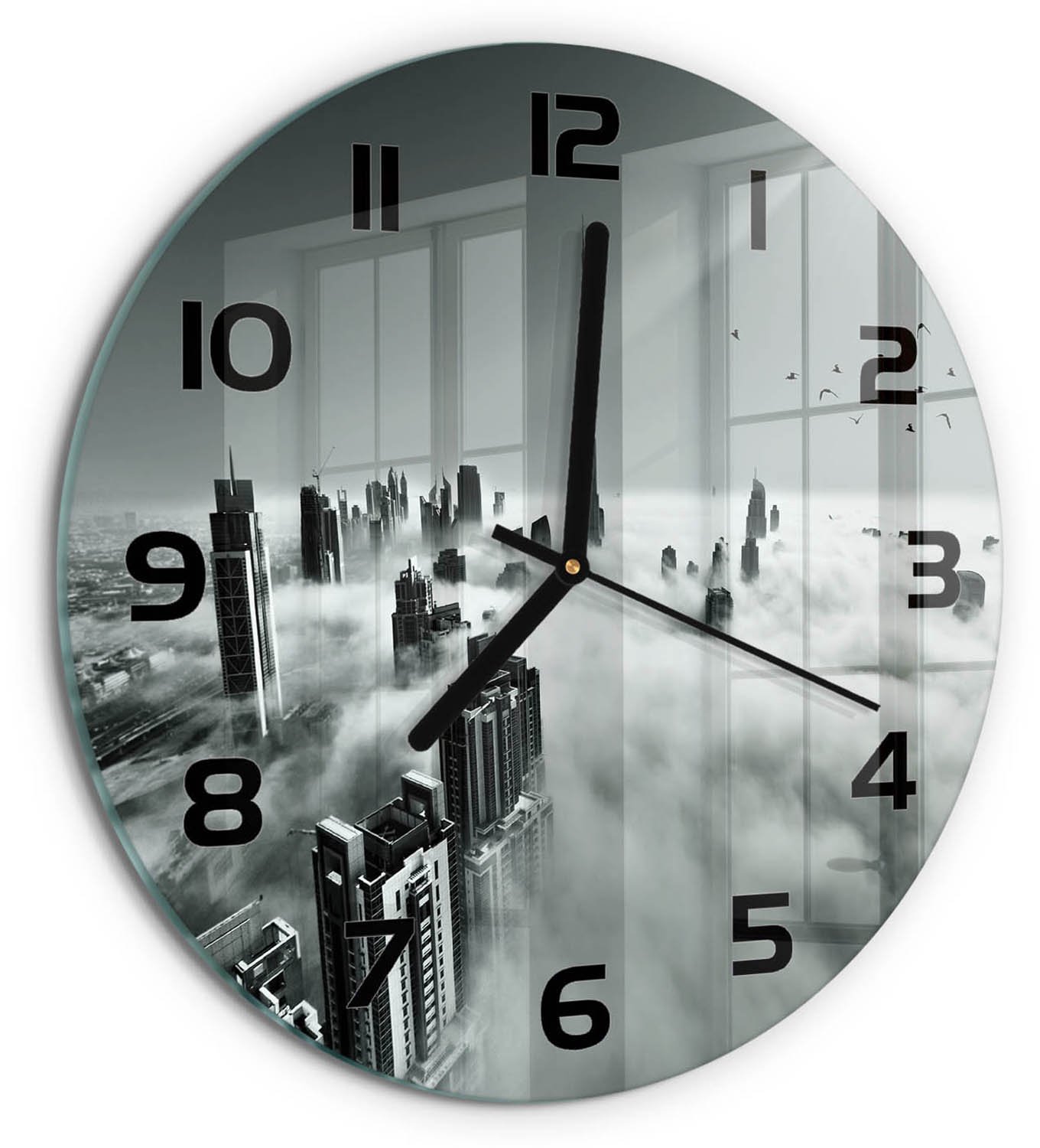 TULUP Wandklok - Mist boven Dubai Klok Glas Met Opdruk - fi30 cm - Zwart-wit Moderne Wandklok Glas - Zwarte handen - Ronde Klok - Decoratieve Glazen Klok - Glazen Wandklok Design