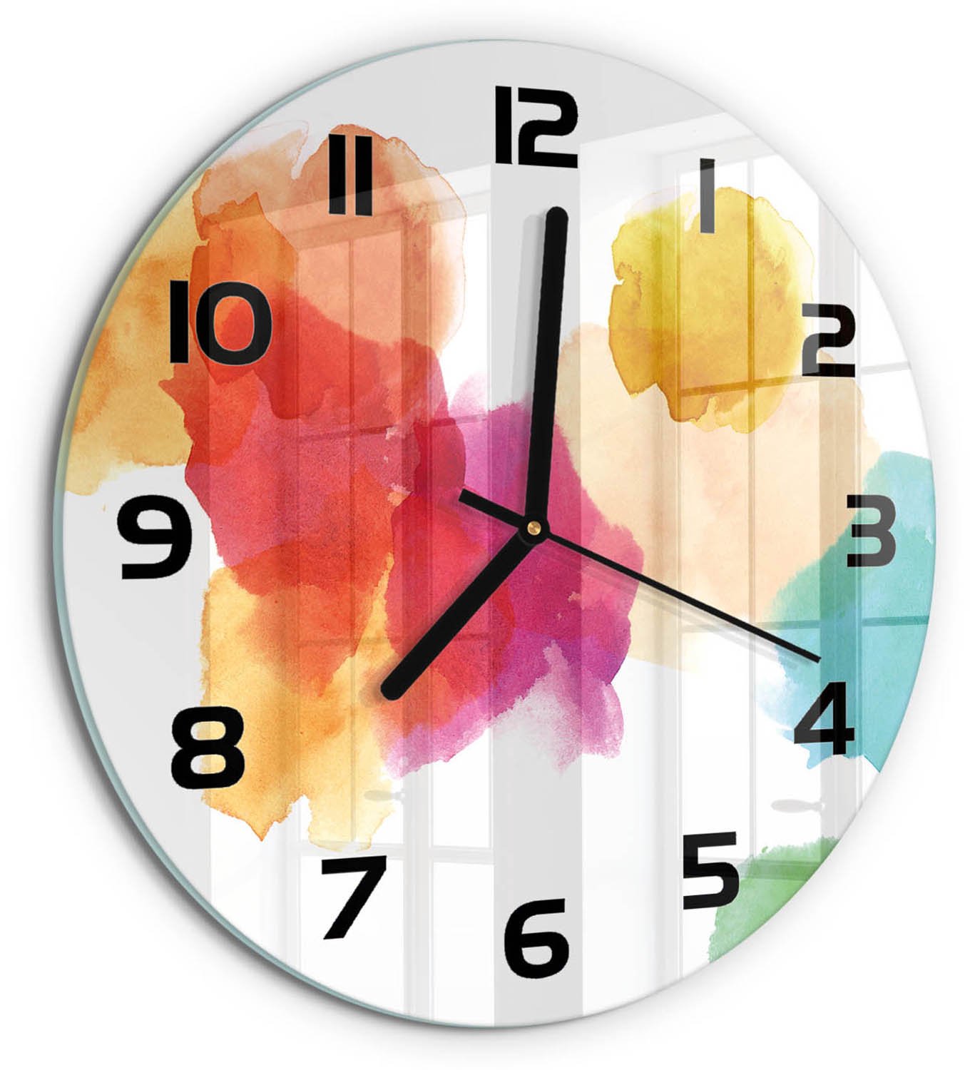 TULUP Wandklok - Kleurrijke vlekken Wandklok Glas Met Motief - fi30 cm - Veelkleurig Decoratieve Glazen Klok - Zwarte handen - Ronde Klok - Gekleurde Glazen Klok - Glazen Klok Met Print