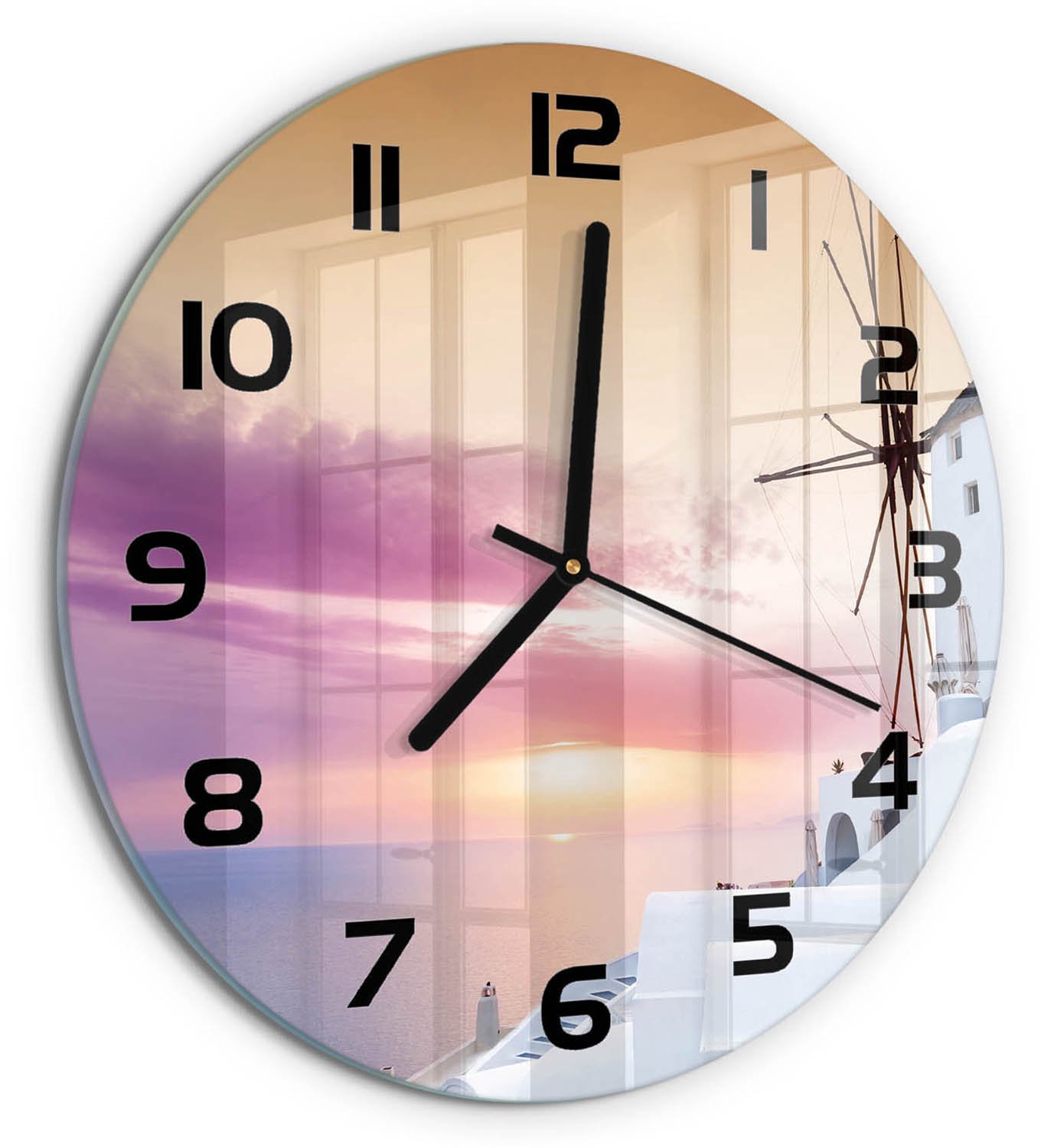 TULUP Wandklok - Santorini, Griekenland Wandklok Glas Decoratie - fi30 cm - Wit Gekleurde Glazen Klok - Zwarte handen - Ronde Klok - Klok Glas Met Opdruk - Moderne Wandklok Glas
