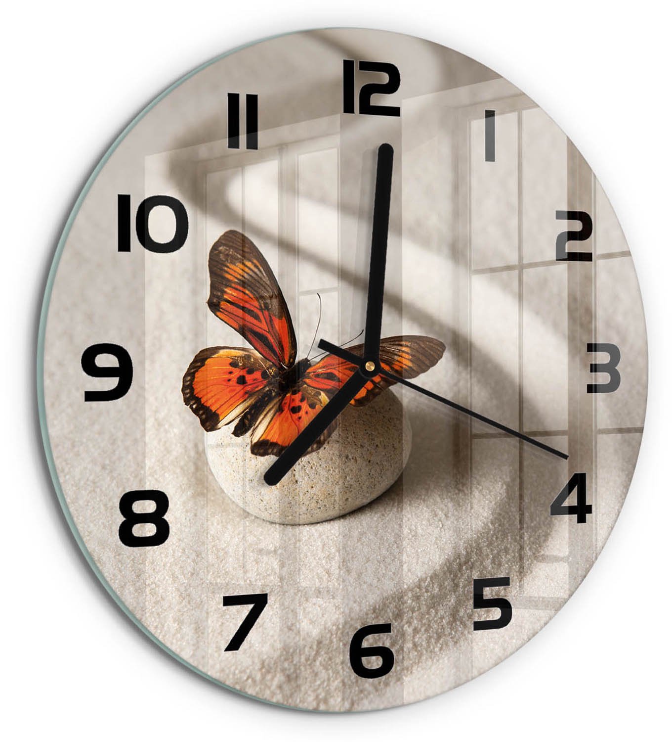 TULUP Wandklok - Zensteen en vlinder Decoratieve Glazen Klok - fi30 cm - Oranje Glazen Wandklok Design - Zwarte handen - Ronde Klok - Glazen Klok Met Print - Wandklok Glas Met Motief