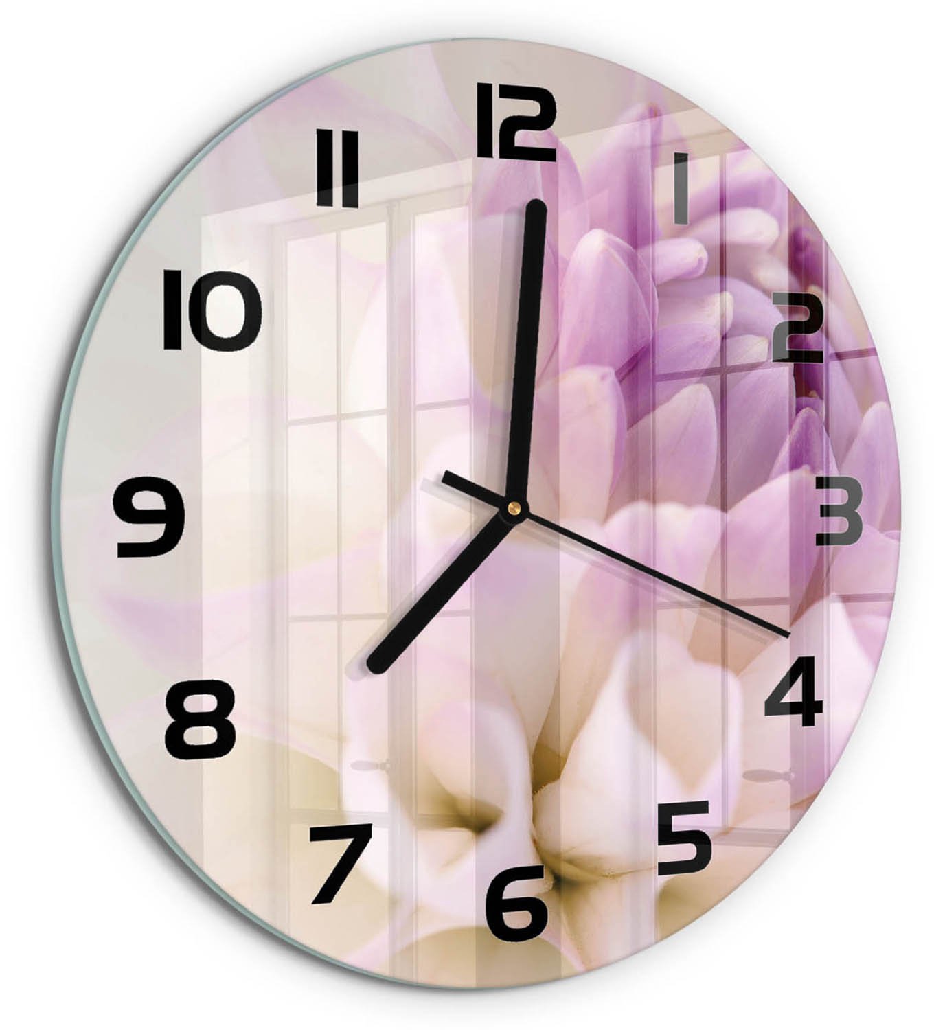TULUP Wandklok - Witte dahlia Klok Glas Met Opdruk - fi30 cm - Paars Moderne Wandklok Glas - Zwarte handen - Ronde Klok - Decoratieve Glazen Klok - Glazen Wandklok Design