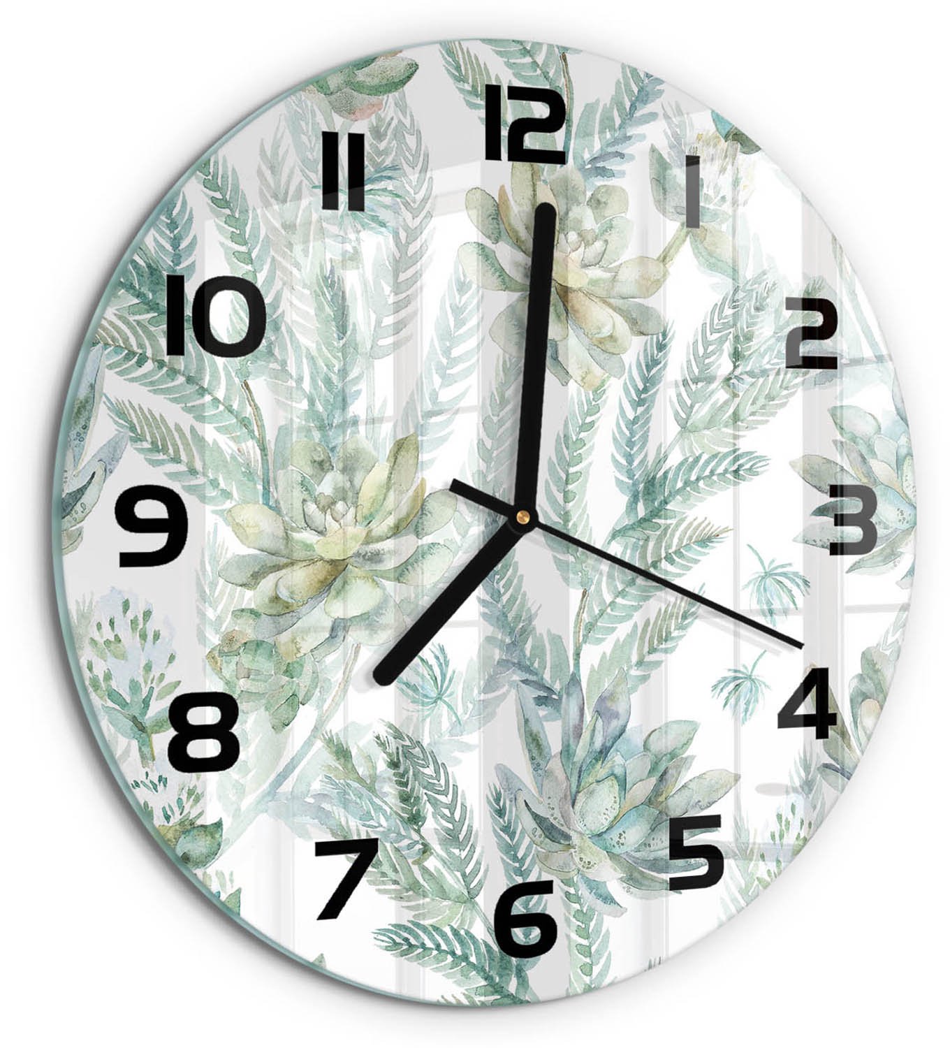 TULUP Wandklok - Bloemen en bladeren Wandklok Glas Decoratie - fi30 cm - Groente Gekleurde Glazen Klok - Zwarte handen - Ronde Klok - Klok Glas Met Opdruk - Moderne Wandklok Glas