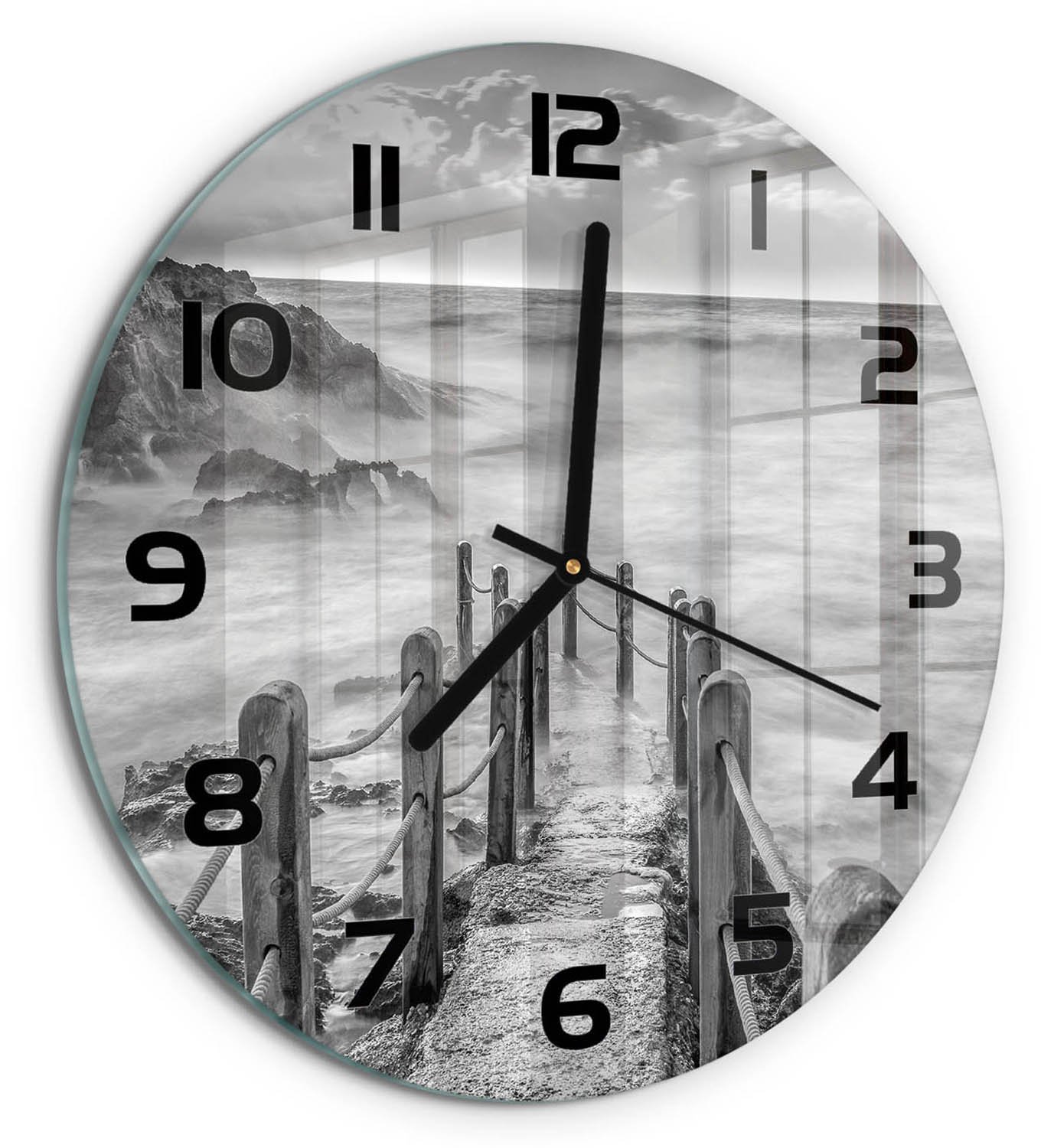 TULUP Wandklok - Pad langs de zee Glazen Wandklok Design - fi30 cm - Zwart-wit Klok Glas Met Opdruk - Zwarte handen - Ronde Klok - Wandklok Glas Met Motief - Decoratieve Glazen Klok