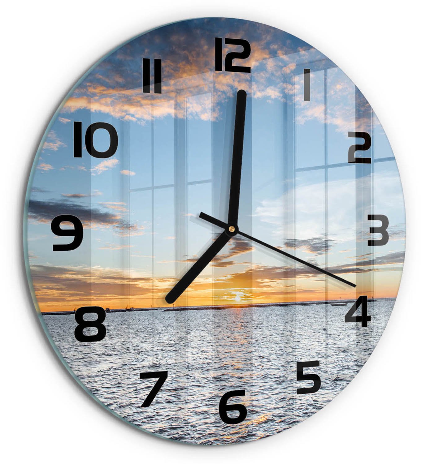 TULUP Wandklok - Schemering aan zee Decoratieve Glazen Klok - fi30 cm - Blauw Glazen Wandklok Design - Zwarte handen - Ronde Klok - Glazen Klok Met Print - Wandklok Glas Met Motief