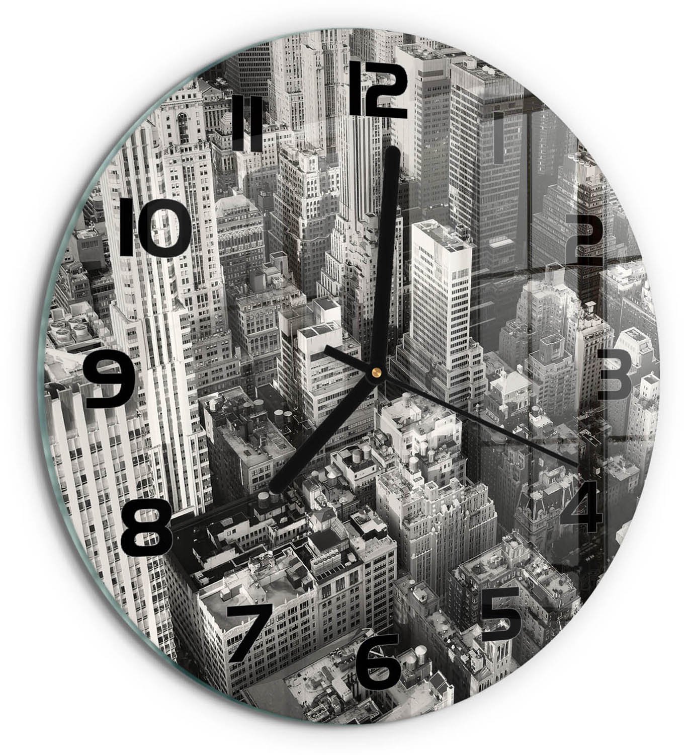 TULUP Wandklok - Vogelsvlucht in New York Glazen Klok Met Print - fi30 cm - Zwart-wit Wandklok Glas Met Motief - Zwarte handen - Ronde Klok - Wandklok Glas Decoratie - Gekleurde Glazen Klok