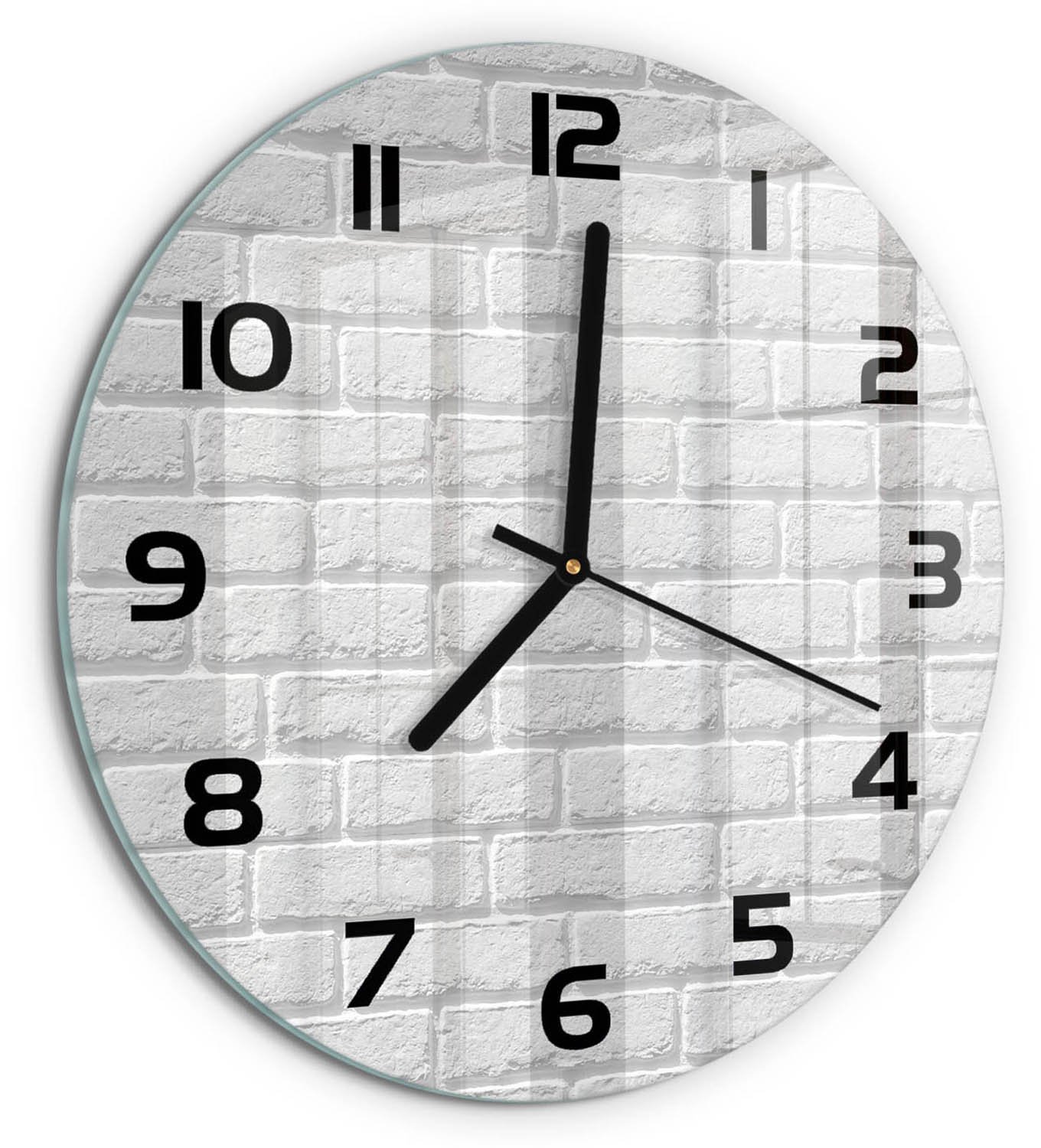 TULUP Wandklok - Bakstenen muur Moderne Wandklok Glas - fi30 cm - Wit Wandklok Glas Decoratie - Zwarte handen - Ronde Klok - Glazen Wandklok Design - Klok Glas Met Opdruk