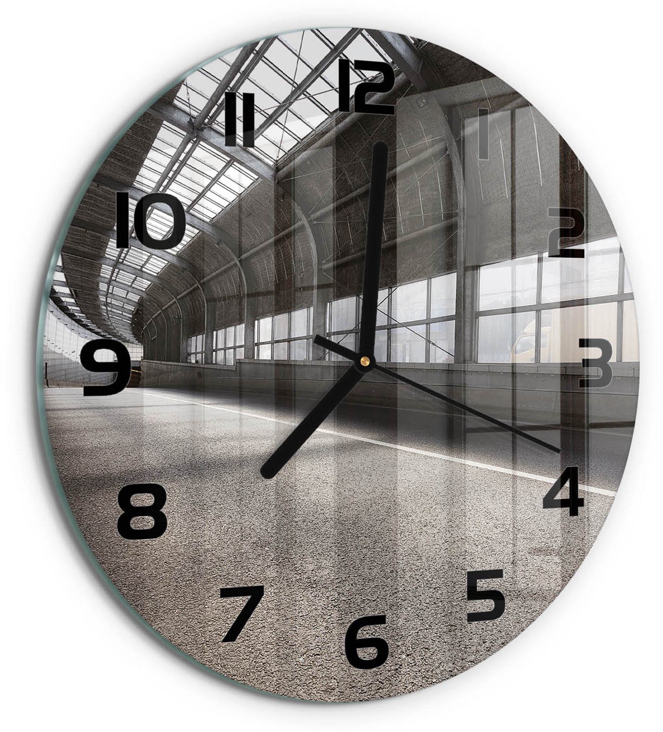 TULUP Wandklok - Straat in de tunnel Wandklok Glas Met Motief - fi30 cm - Grijs Decoratieve Glazen Klok - Zwarte handen - Ronde Klok - Gekleurde Glazen Klok - Glazen Klok Met Print