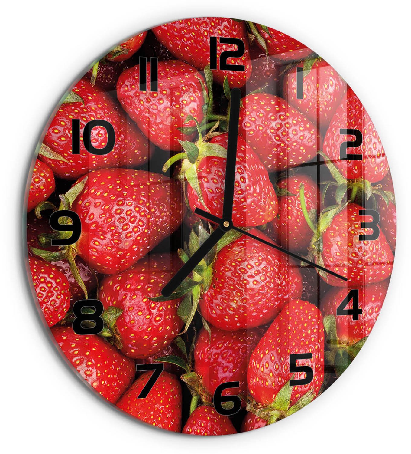 TULUP Wandklok - Aardbeien Klok Glas Met Opdruk - fi30 cm - Rood Moderne Wandklok Glas - Zwarte handen - Ronde Klok - Decoratieve Glazen Klok - Glazen Wandklok Design