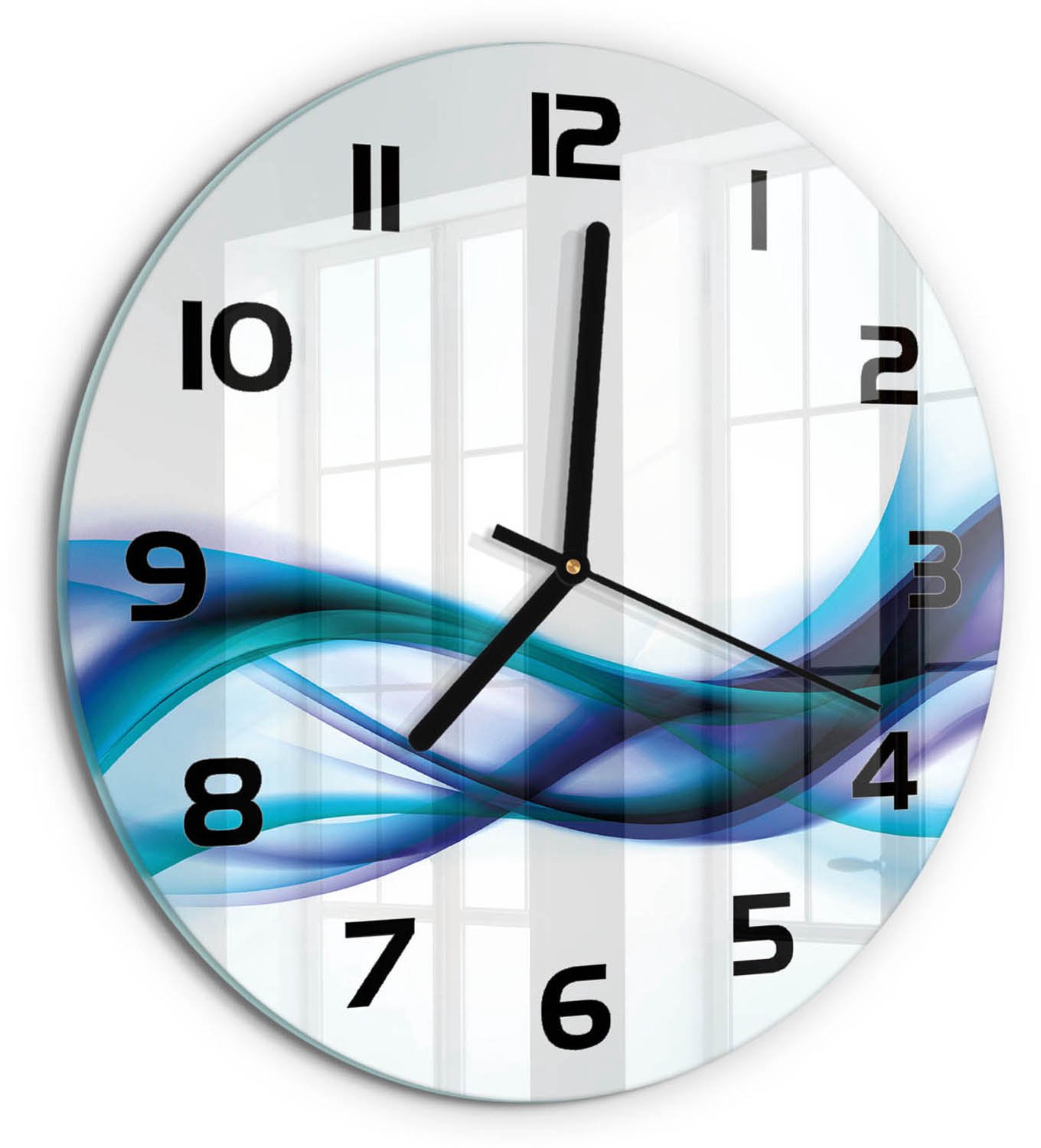 TULUP Wandklok - Golfabstractie Decoratieve Glazen Klok - fi30 cm - Blauw Glazen Wandklok Design - Zwarte handen - Ronde Klok - Glazen Klok Met Print - Wandklok Glas Met Motief