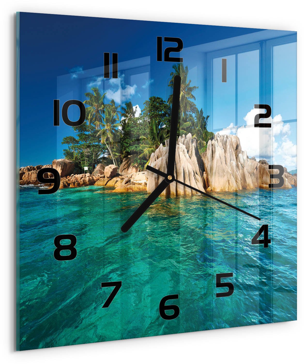 TULUP Wandklok - Tropisch eiland Moderne Wandklok Glas - 30x30 cm - Blauw Wandklok Glas Decoratie - Zwarte handen - Vierkante Klok - Glazen Wandklok Design - Klok Glas Met Opdruk