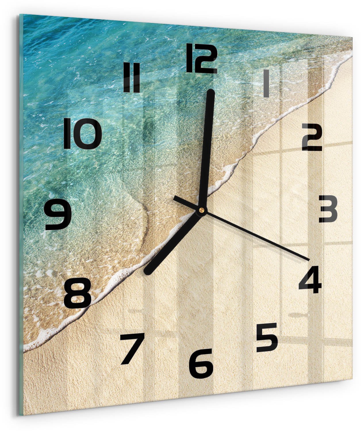 Tulup Wandklok - Golf op het strand Wandklok Glas Decoratie - 30x30 cm - Blauw Gekleurde Glazen Klok - Zwarte handen - Vierkante Klok - Klok Glas Met Opdruk - Moderne Wandklok Glas