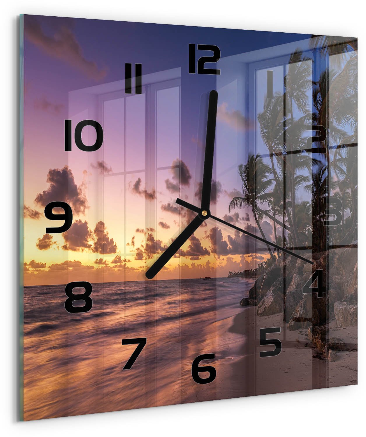 TULUP Wandklok - Weststrand Glazen Wandklok Design - 30x30 cm - Geel Klok Glas Met Opdruk - Zwarte handen - Vierkante Klok - Wandklok Glas Met Motief - Decoratieve Glazen Klok