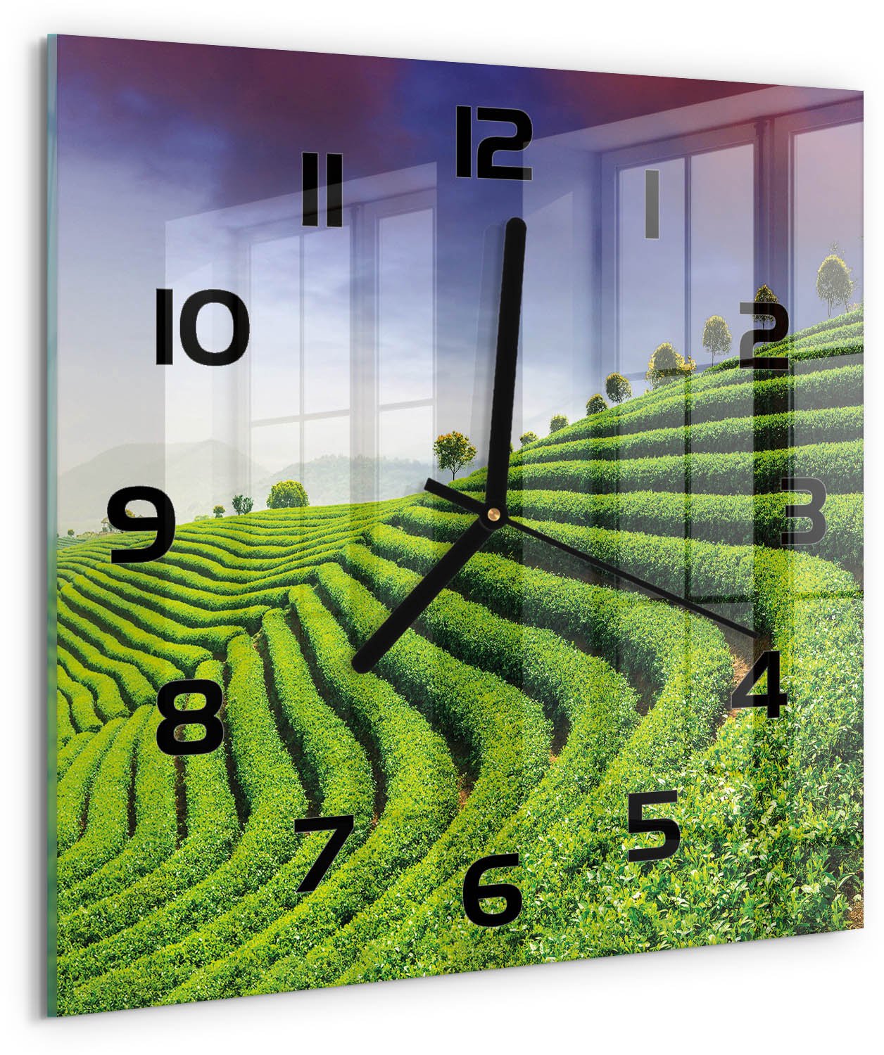 TULUP Wandklok - Theeplantage Glazen Wandklok Design - 30x30 cm - Groente Klok Glas Met Opdruk - Zwarte handen - Vierkante Klok - Wandklok Glas Met Motief - Decoratieve Glazen Klok