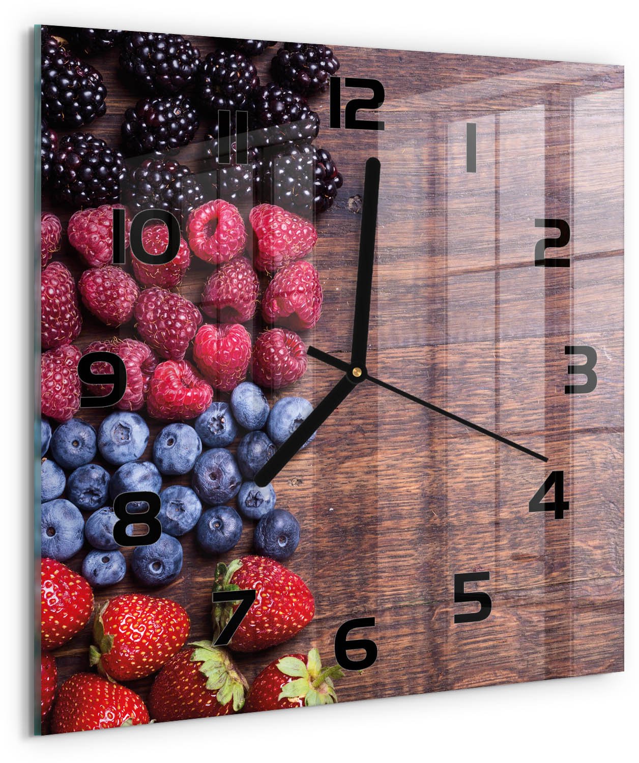 Tulup Wandklok - Bosvruchten Wandklok Glas Decoratie - 30x30 cm - Veelkleurig Gekleurde Glazen Klok - Zwarte handen - Vierkante Klok - Klok Glas Met Opdruk - Moderne Wandklok Glas