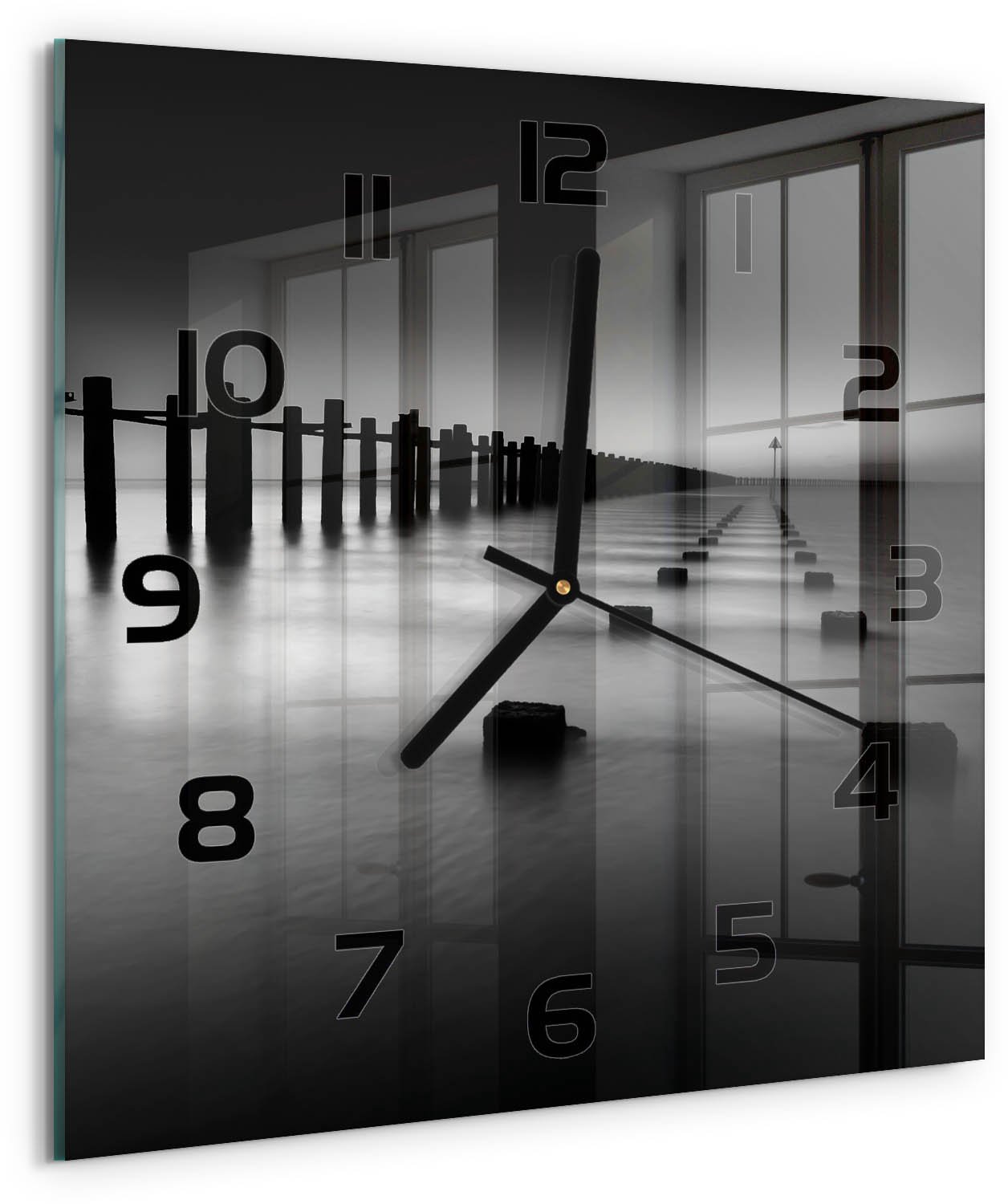 Tulup Wandklok - De golfbreker van de Theems Klok Glas Met Opdruk - 30x30 cm - Zwart-wit Moderne Wandklok Glas - Zwarte handen - Vierkante Klok - Decoratieve Glazen Klok - Glazen Wandklok Design