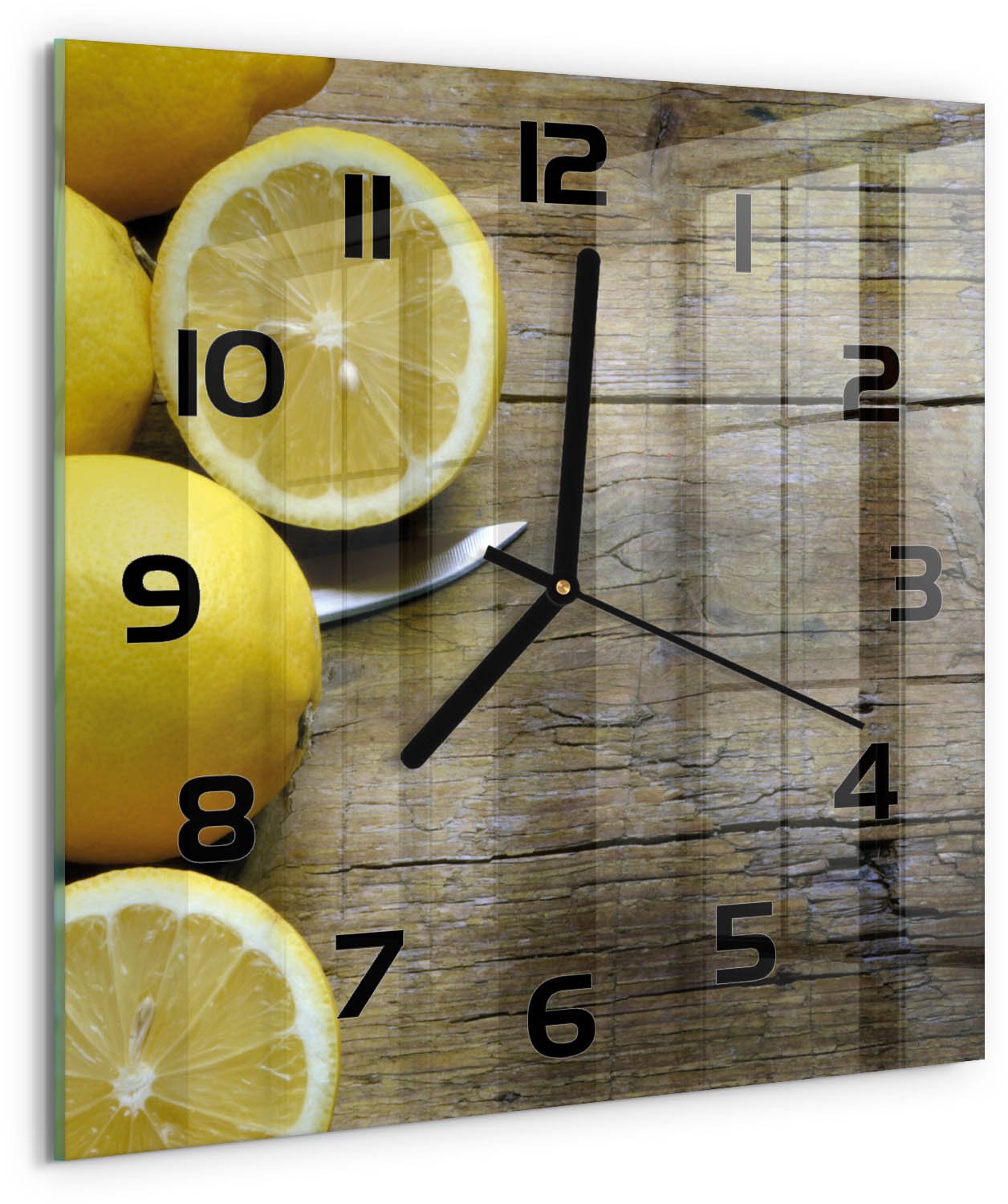 Tulup Wandklok - Citroenen op hout Moderne Wandklok Glas - 30x30 cm - Geel Wandklok Glas Decoratie - Zwarte handen - Vierkante Klok - Glazen Wandklok Design - Klok Glas Met Opdruk