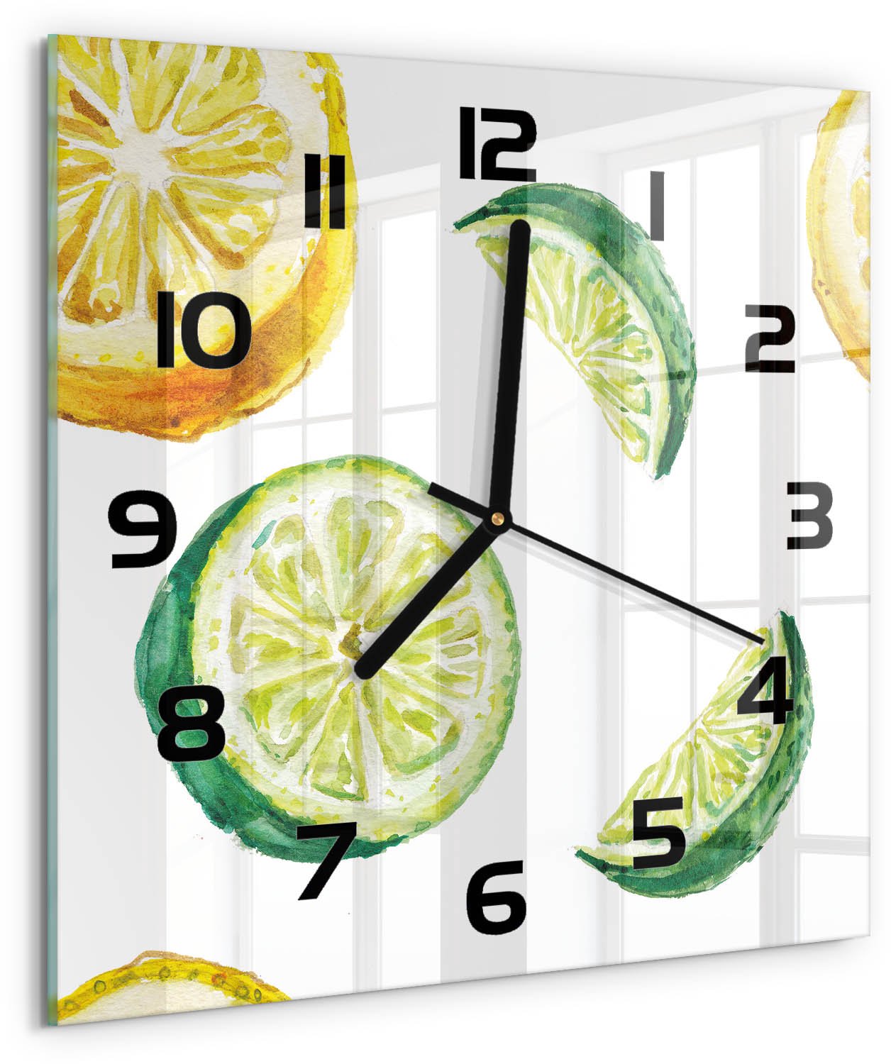 TULUP Wandklok - Citroen en limoen Glazen Wandklok Design - 30x30 cm - Groente Klok Glas Met Opdruk - Zwarte handen - Vierkante Klok - Wandklok Glas Met Motief - Decoratieve Glazen Klok