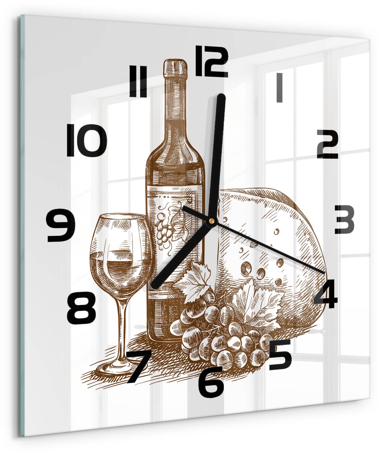 TULUP Wandklok - Wijn en hapjes Decoratieve Glazen Klok - 30x30 cm - Zwart-wit Glazen Wandklok Design - Zwarte handen - Vierkante Klok - Glazen Klok Met Print - Wandklok Glas Met Motief