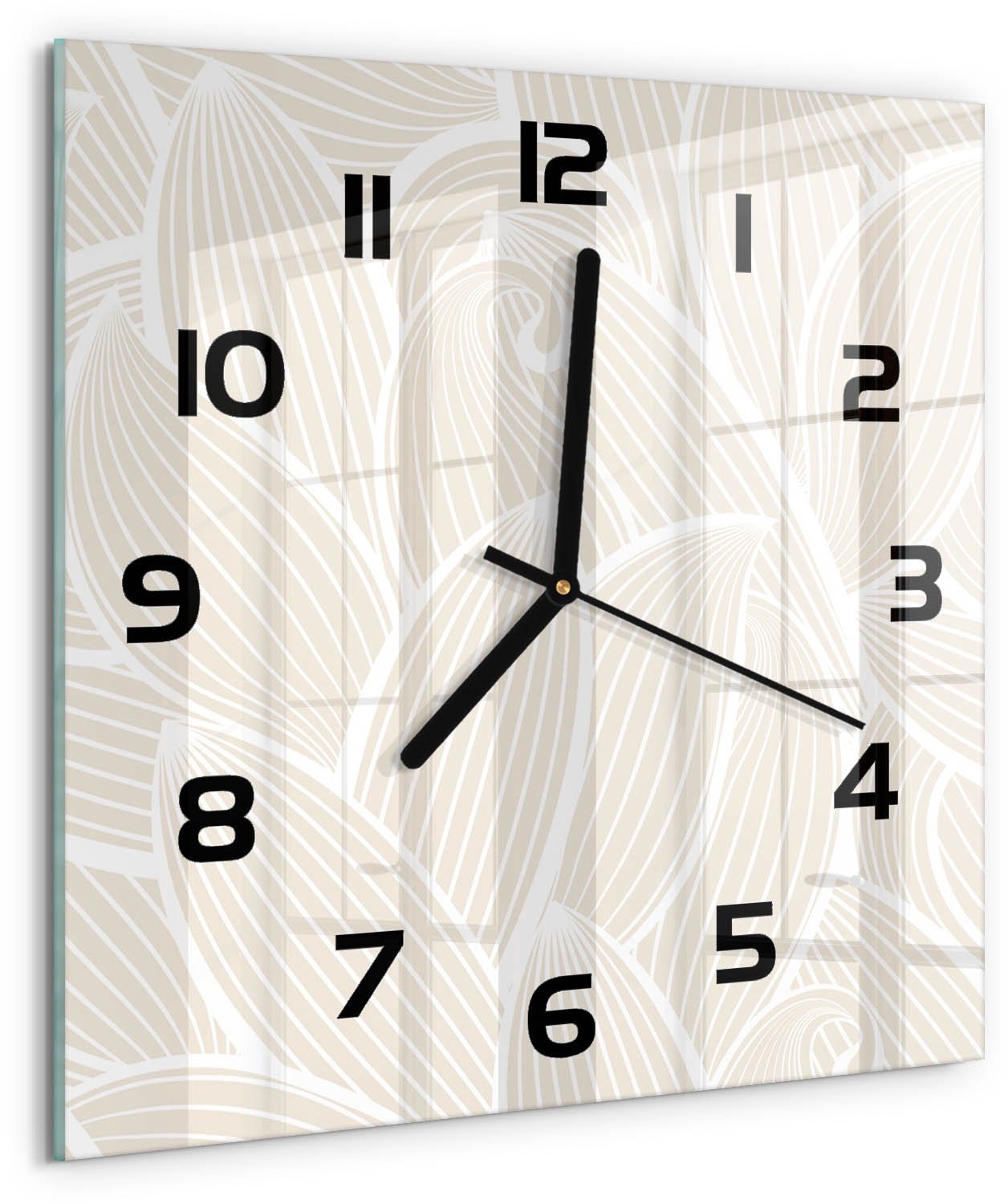 TULUP Wandklok - Bladpatroon Wandklok Glas Decoratie - 30x30 cm - Beige Gekleurde Glazen Klok - Zwarte handen - Vierkante Klok - Klok Glas Met Opdruk - Moderne Wandklok Glas