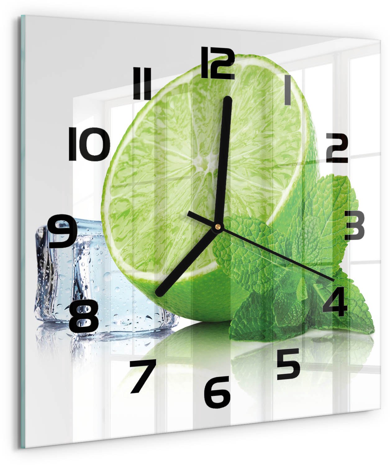 Tulup Wandklok - Limoen met ijs Klok Glas Met Opdruk - 30x30 cm - Groente Moderne Wandklok Glas - Zwarte handen - Vierkante Klok - Decoratieve Glazen Klok - Glazen Wandklok Design