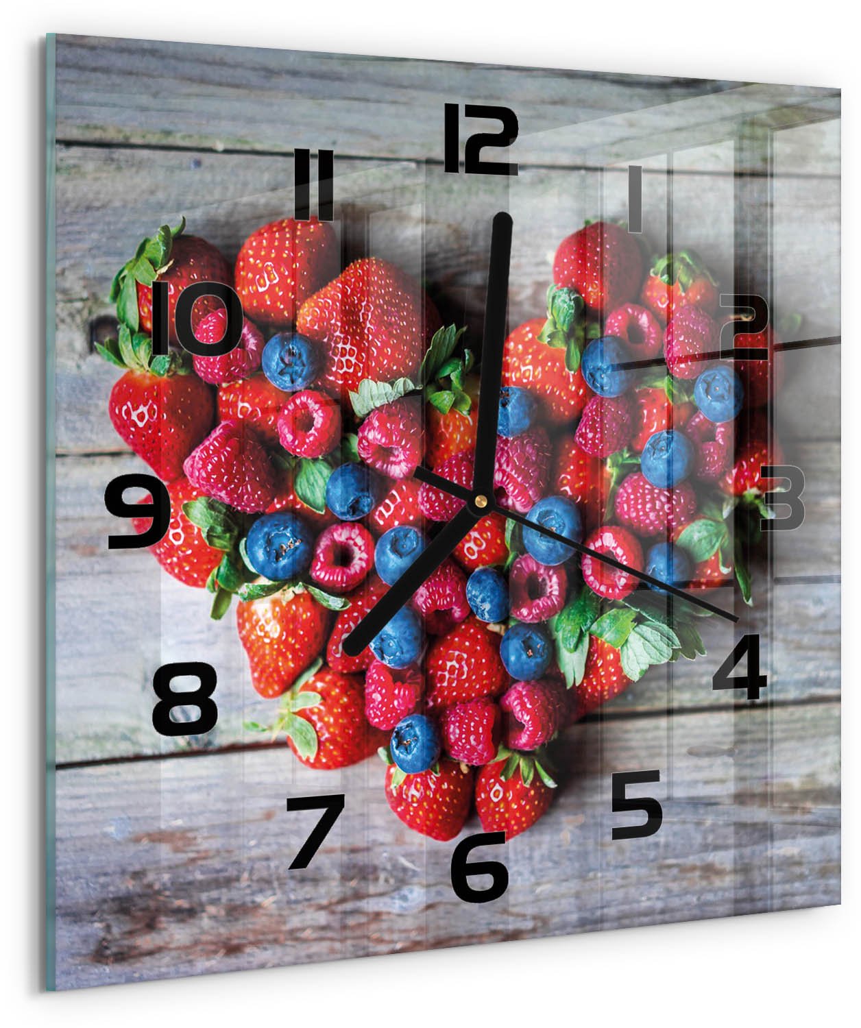 Tulup Wandklok - Hart van Fruit Glazen Wandklok Design - 30x30 cm - Rood Klok Glas Met Opdruk - Zwarte handen - Vierkante Klok - Wandklok Glas Met Motief - Decoratieve Glazen Klok