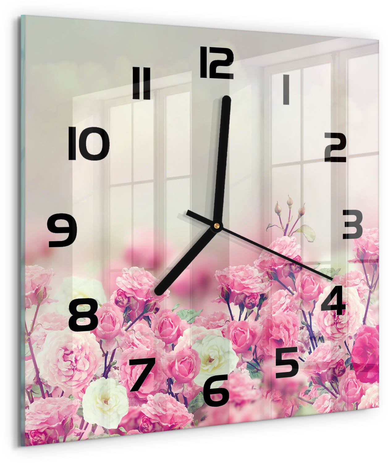 TULUP Wandklok - Wilde rozenbloemen Decoratieve Glazen Klok - 30x30 cm - Roze Glazen Wandklok Design - Zwarte handen - Vierkante Klok - Glazen Klok Met Print - Wandklok Glas Met Motief