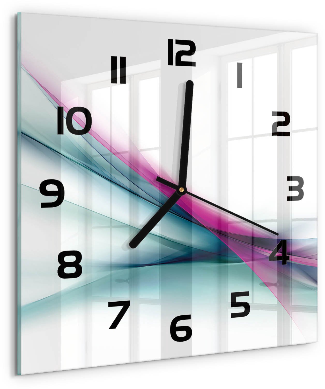TULUP Wandklok - Golfabstractie Wandklok Glas Decoratie - 30x30 cm - Veelkleurig Gekleurde Glazen Klok - Zwarte handen - Vierkante Klok - Klok Glas Met Opdruk - Moderne Wandklok Glas