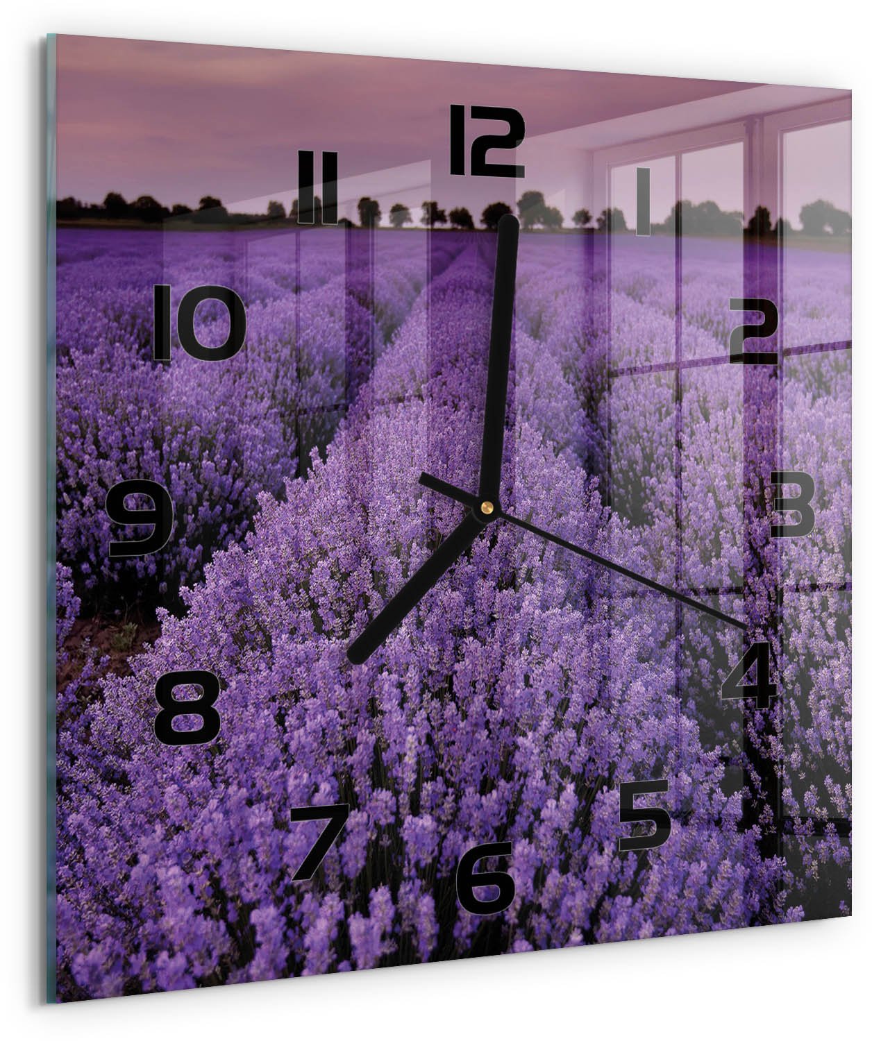 TULUP Wandklok - Lavendelveld Glazen Wandklok Design - 30x30 cm - Paars Klok Glas Met Opdruk - Zwarte handen - Vierkante Klok - Wandklok Glas Met Motief - Decoratieve Glazen Klok