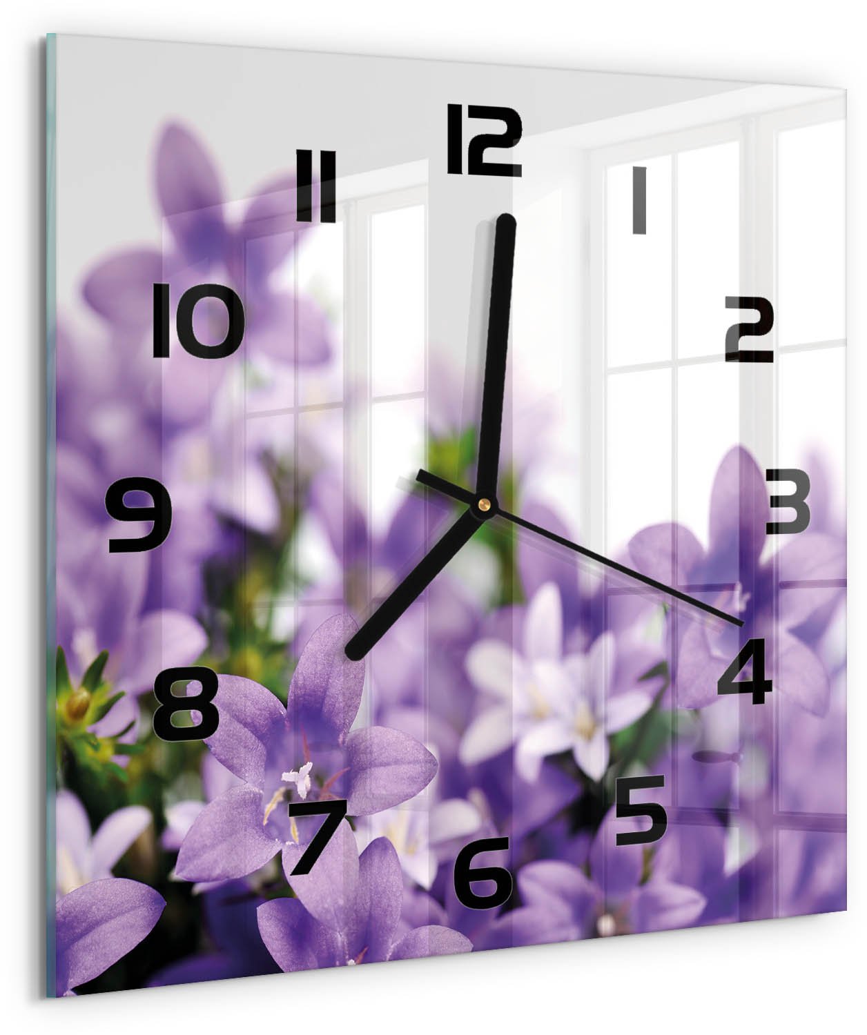 TULUP Wandklok - Paarse klokjes Glazen Wandklok Design - 30x30 cm - Paars Klok Glas Met Opdruk - Zwarte handen - Vierkante Klok - Wandklok Glas Met Motief - Decoratieve Glazen Klok