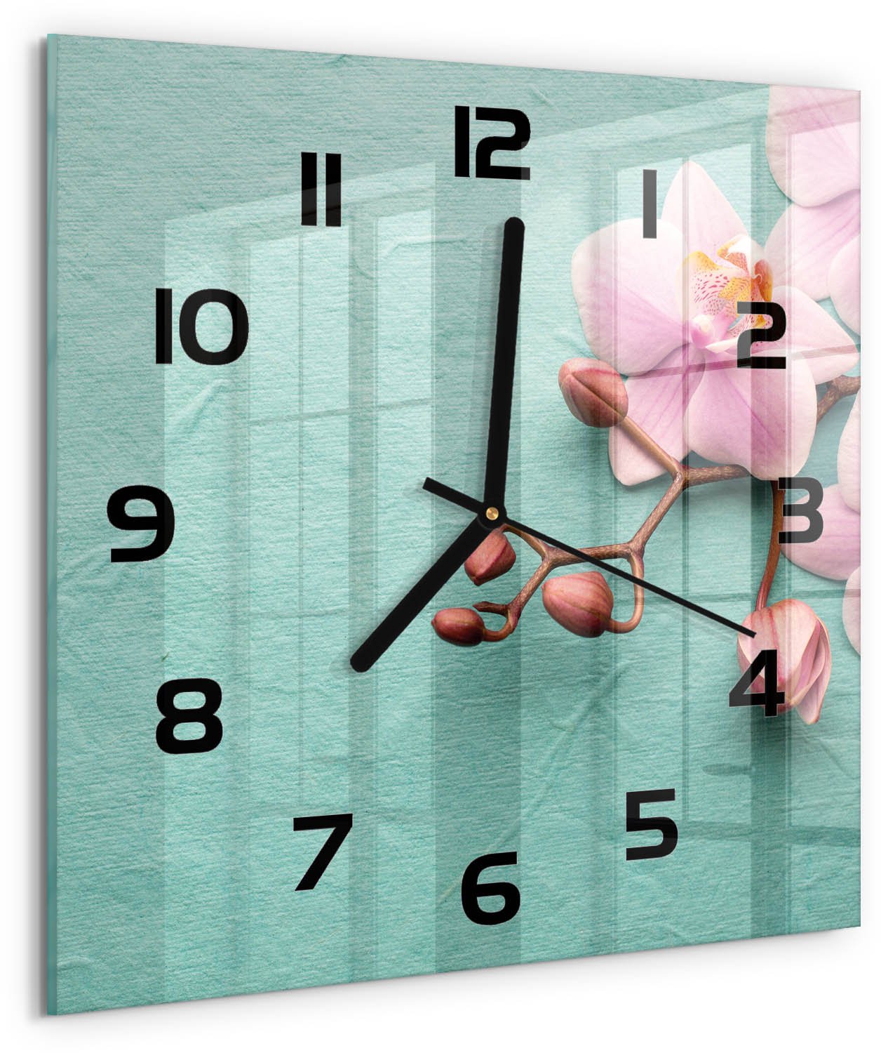 TULUP Wandklok - Orchidee Glazen Klok Met Print - 30x30 cm - Roze Wandklok Glas Met Motief - Zwarte handen - Vierkante Klok - Wandklok Glas Decoratie - Gekleurde Glazen Klok