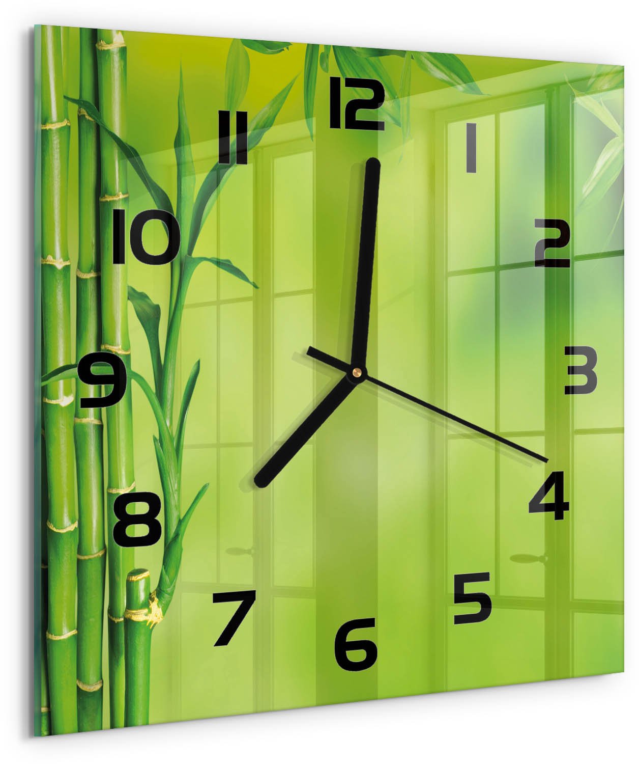 TULUP Wandklok - Bamboe Klok Glas Met Opdruk - 30x30 cm - Groente Moderne Wandklok Glas - Zwarte handen - Vierkante Klok - Decoratieve Glazen Klok - Glazen Wandklok Design