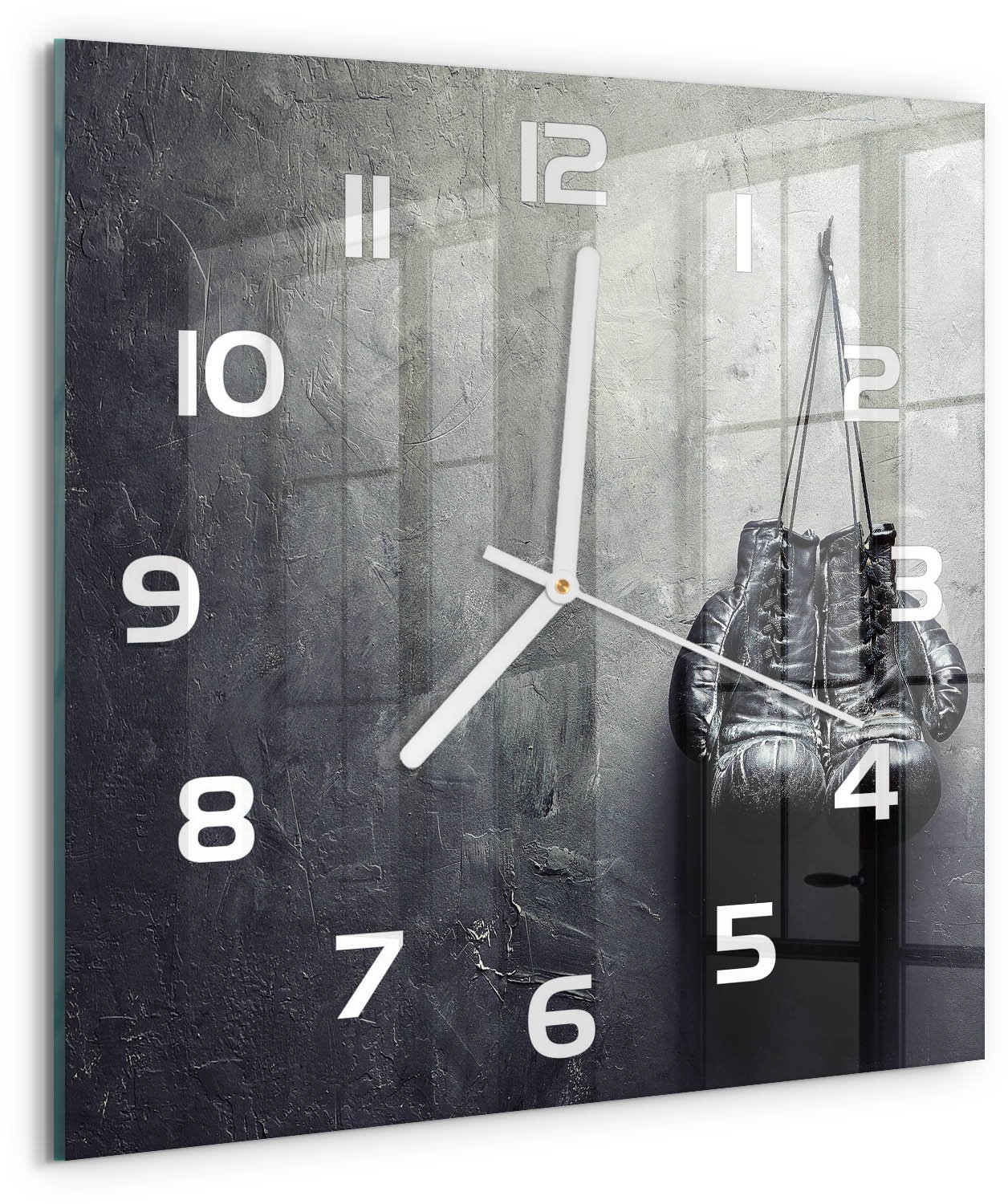 TULUP Wandklok - Bokshandschoenen Klok Glas Met Opdruk - 30x30 cm - Zwart-wit Moderne Wandklok Glas - Witte handen - Vierkante Klok - Decoratieve Glazen Klok - Glazen Wandklok Design