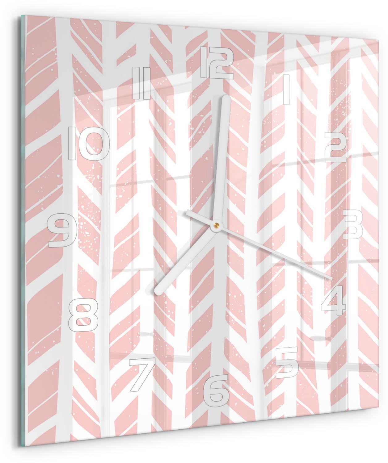 TULUP Wandklok - Visgraatpatroon Moderne Wandklok Glas - 30x30 cm - Roze Wandklok Glas Decoratie - Witte handen - Vierkante Klok - Glazen Wandklok Design - Klok Glas Met Opdruk