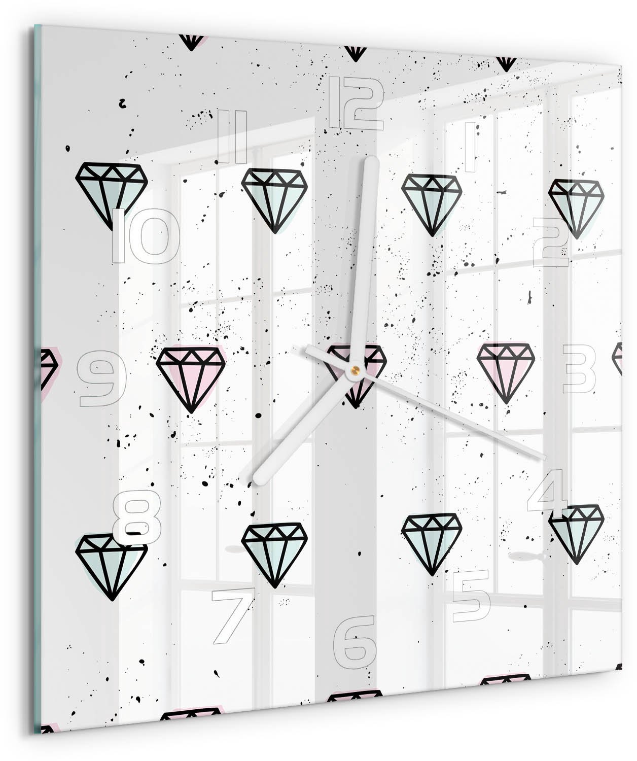 TULUP Wandklok - Diamanten Glazen Wandklok Design - 30x30 cm - Veelkleurig Klok Glas Met Opdruk - Witte handen - Vierkante Klok - Wandklok Glas Met Motief - Decoratieve Glazen Klok