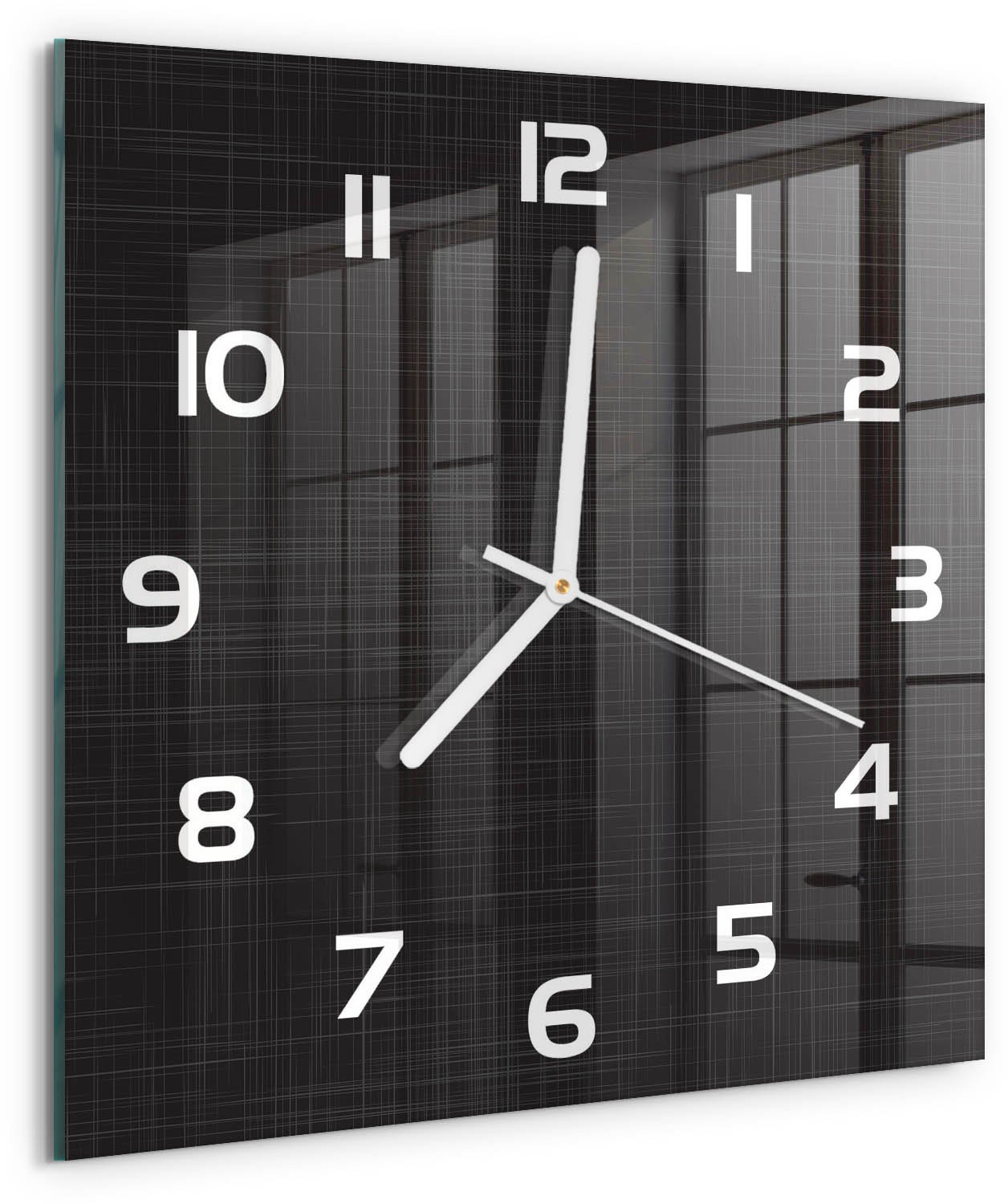 TULUP Wandklok - Linnentextuur Glazen Wandklok Design - 30x30 cm - Zwart Klok Glas Met Opdruk - Witte handen - Vierkante Klok - Wandklok Glas Met Motief - Decoratieve Glazen Klok