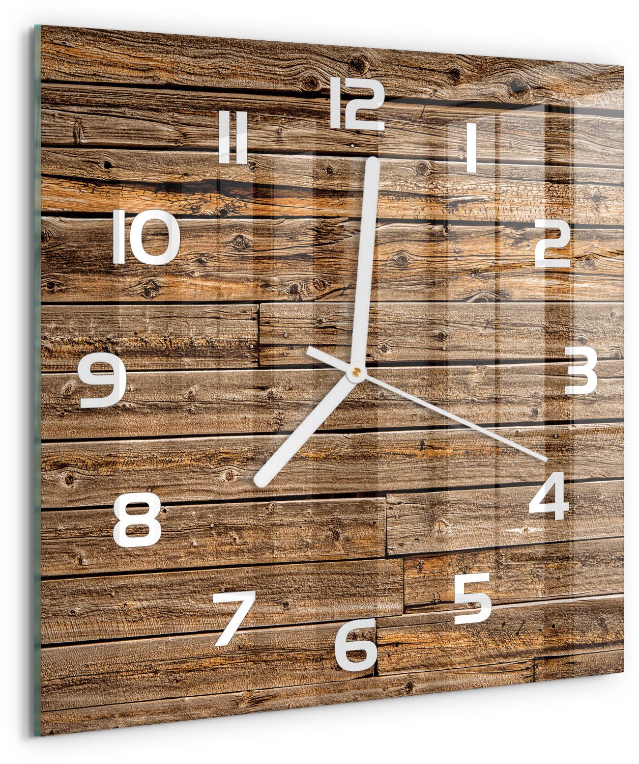 TULUP Wandklok - Houten muur Decoratieve Glazen Klok - 30x30 cm - Bruin Glazen Wandklok Design - Witte handen - Vierkante Klok - Glazen Klok Met Print - Wandklok Glas Met Motief