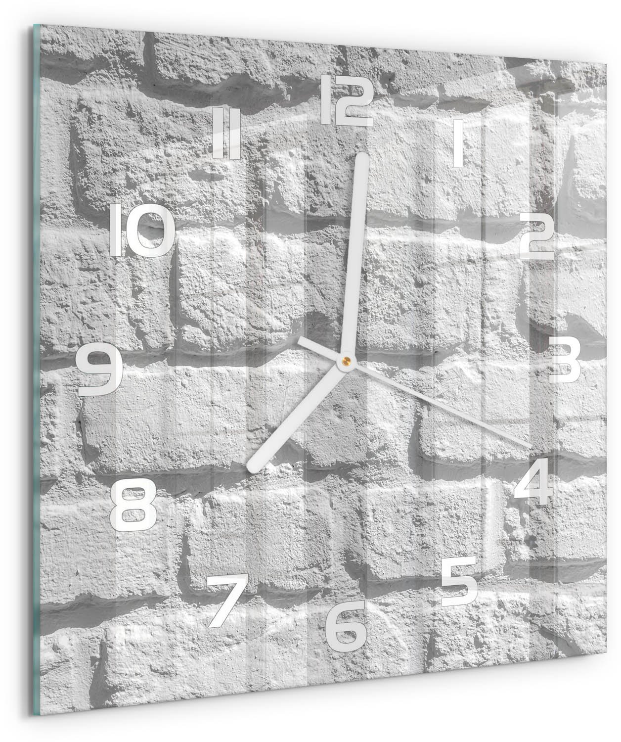 TULUP Wandklok - Bakstenen muur Moderne Wandklok Glas - 30x30 cm - Wit Wandklok Glas Decoratie - Witte handen - Vierkante Klok - Glazen Wandklok Design - Klok Glas Met Opdruk