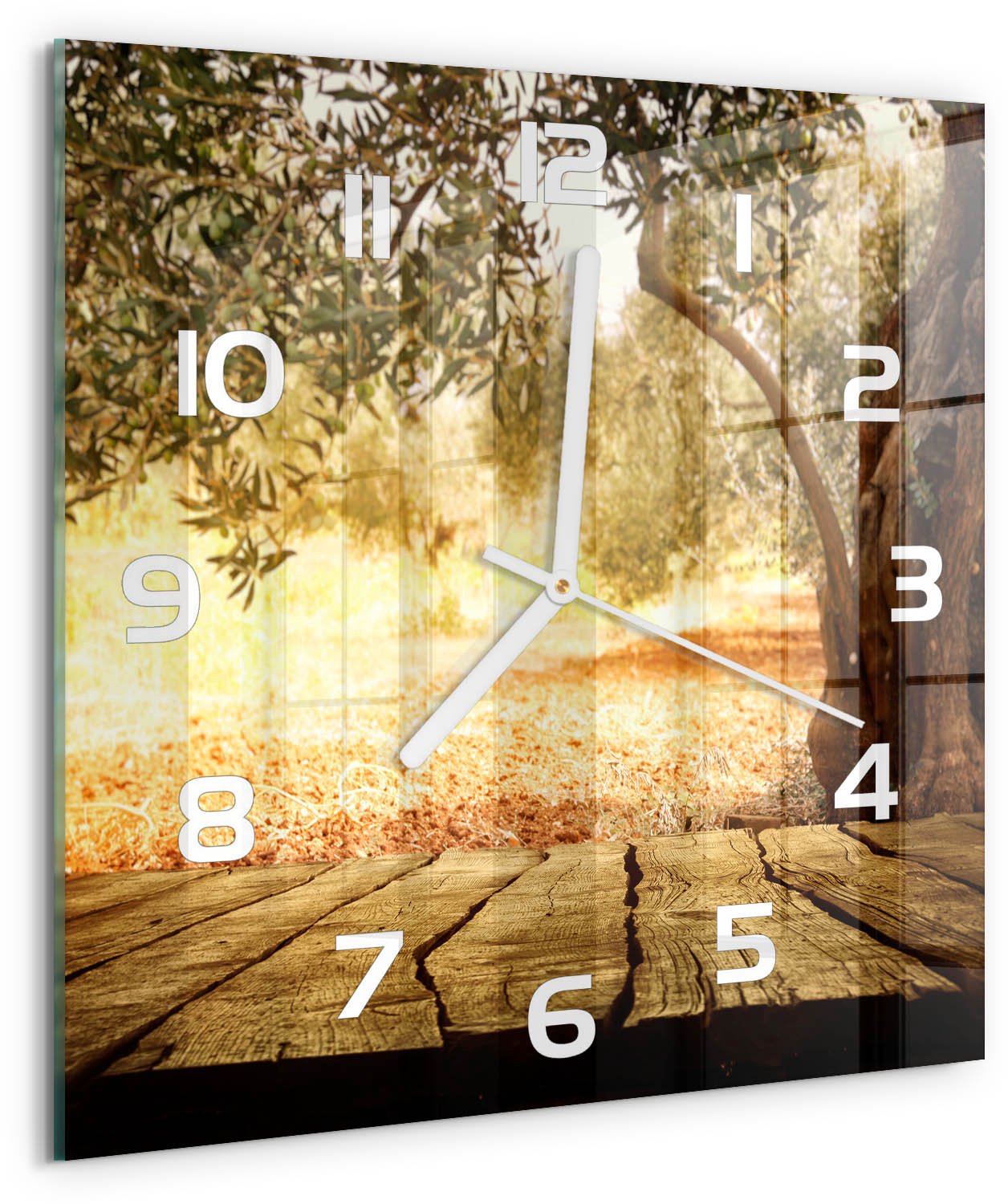 Tulup Wandklok - Olijfboom Wandklok Glas Decoratie - 30x30 cm - Bruin Gekleurde Glazen Klok - Witte handen - Vierkante Klok - Klok Glas Met Opdruk - Moderne Wandklok Glas