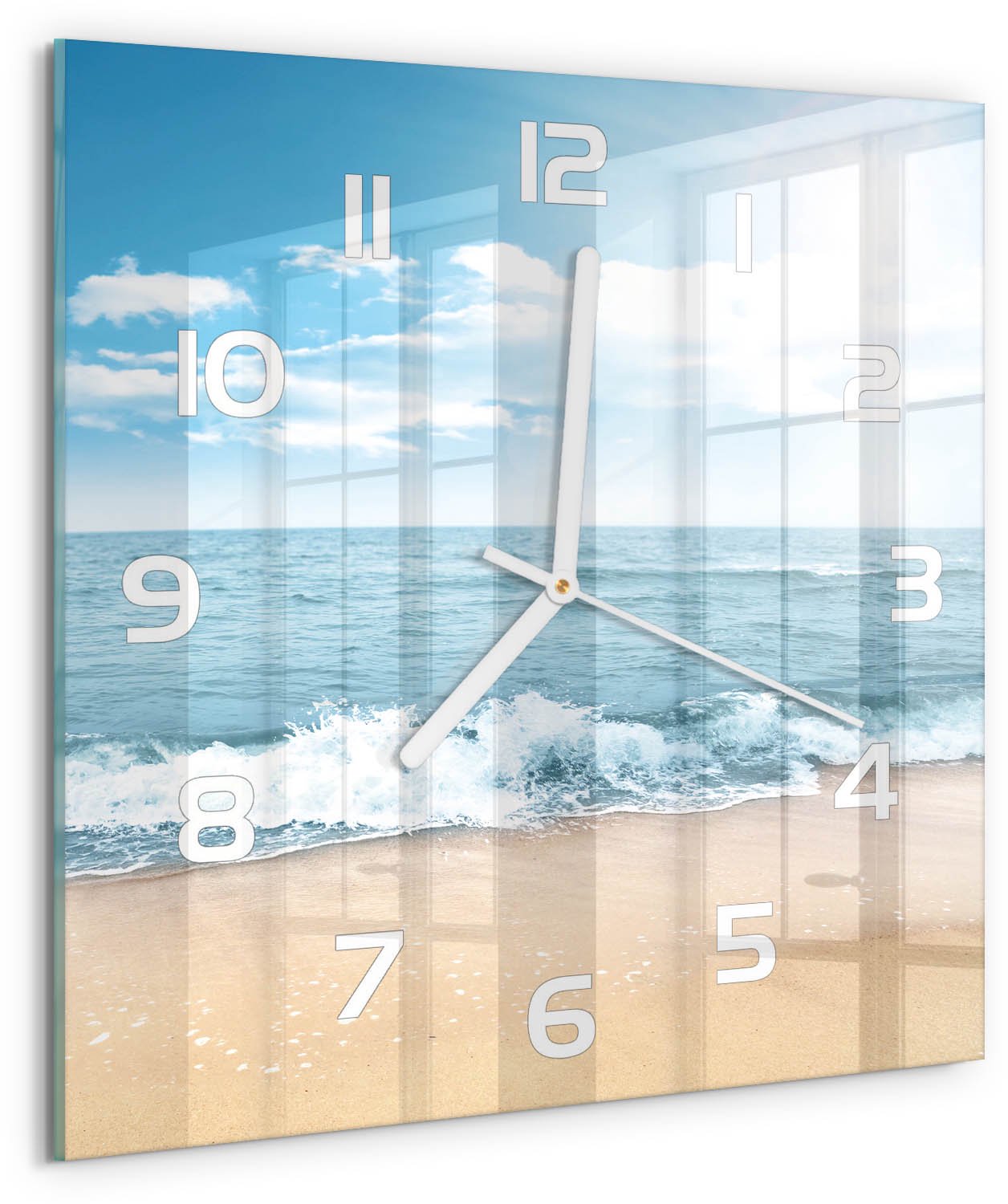 Tulup Wandklok - Strand Moderne Wandklok Glas - 30x30 cm - Blauw Wandklok Glas Decoratie - Witte handen - Vierkante Klok - Glazen Wandklok Design - Klok Glas Met Opdruk