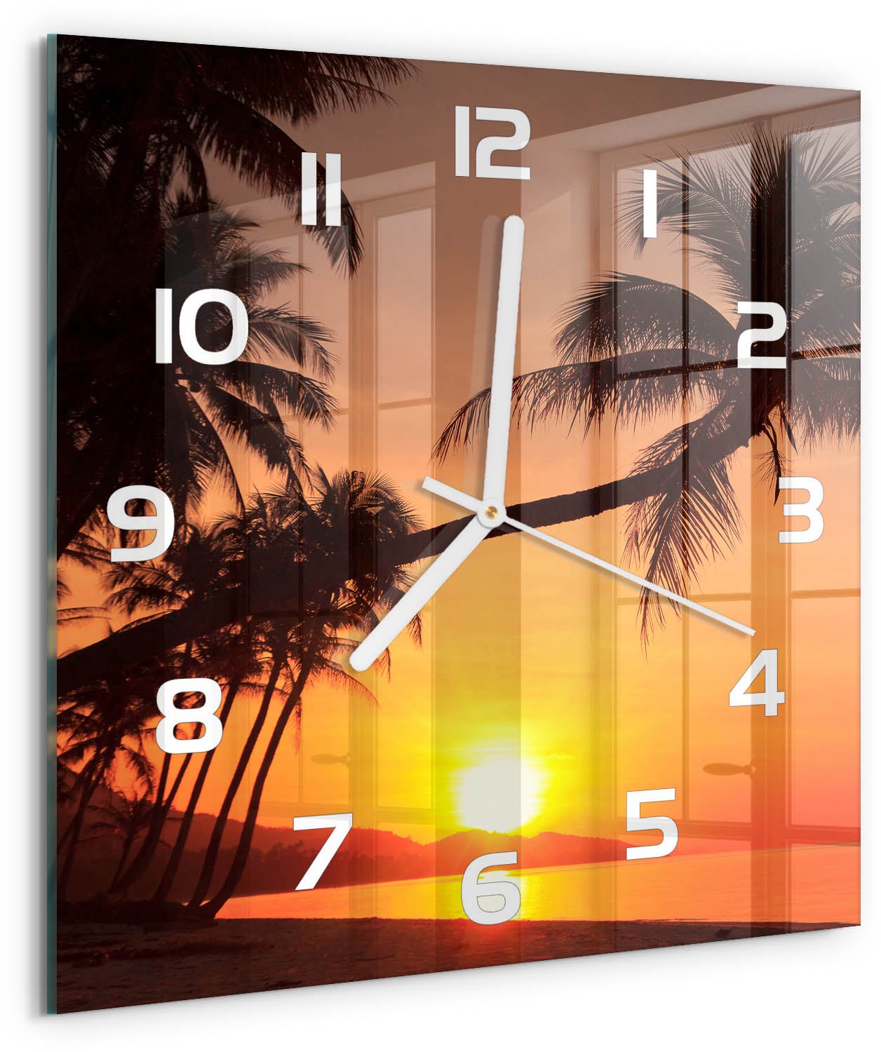 Tulup Wandklok - Zonsondergangstrand Wandklok Glas Met Motief - 30x30 cm - Oranje Decoratieve Glazen Klok - Witte handen - Vierkante Klok - Gekleurde Glazen Klok - Glazen Klok Met Print