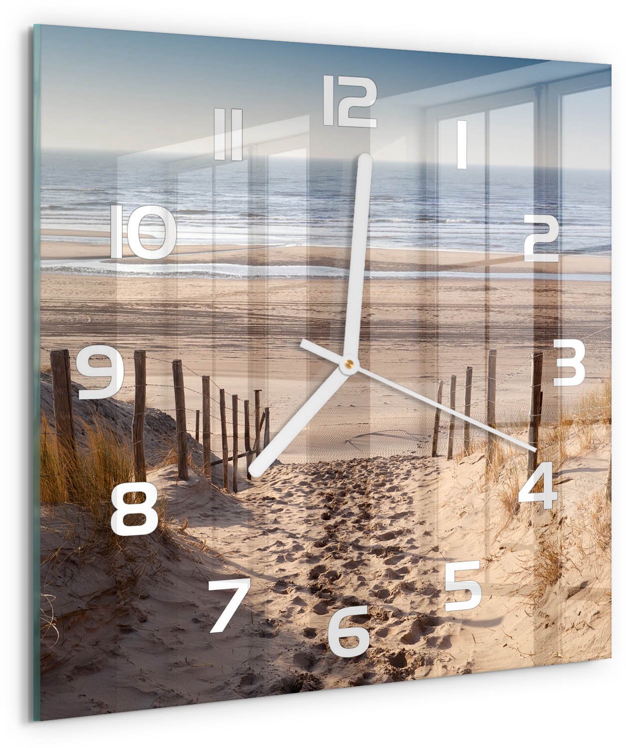 Tulup Wandklok - Kustduinen Glazen Wandklok Design - 30x30 cm - Beige Klok Glas Met Opdruk - Witte handen - Vierkante Klok - Wandklok Glas Met Motief - Decoratieve Glazen Klok