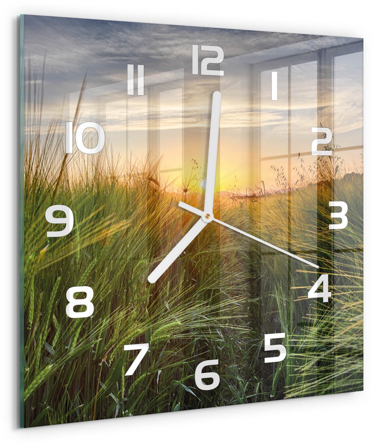 Tulup Wandklok - Tarweveld Gekleurde Glazen Klok - 30x30 cm - Groente Glazen Klok Met Print - Witte handen - Vierkante Klok - Moderne Wandklok Glas - Wandklok Glas Decoratie