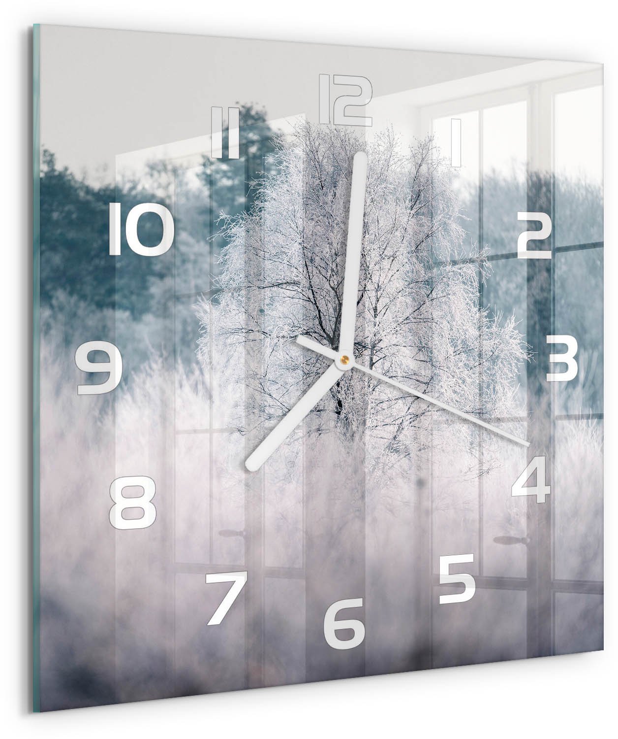 Tulup Wandklok - Winterbomen Wandklok Glas Decoratie - 30x30 cm - Grijs Gekleurde Glazen Klok - Witte handen - Vierkante Klok - Klok Glas Met Opdruk - Moderne Wandklok Glas