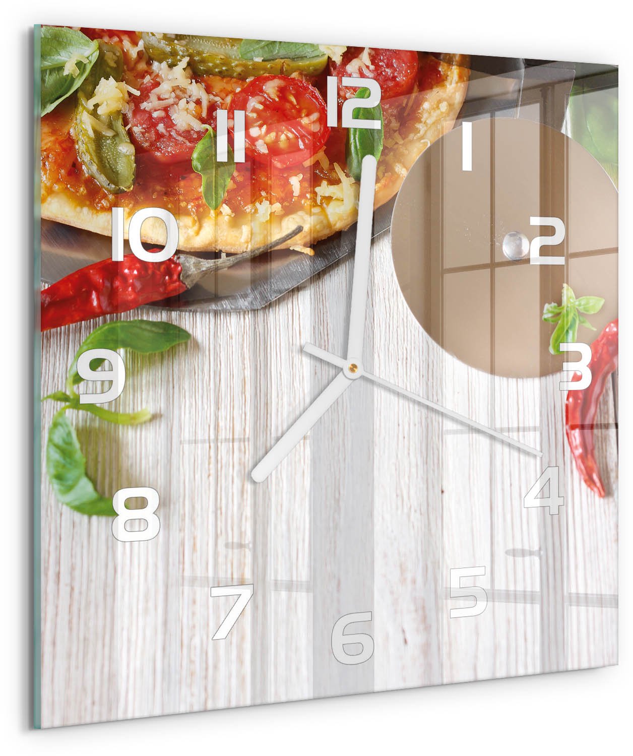 Tulup Wandklok - Pizza Glazen Klok Met Print - 30x30 cm - Rood Wandklok Glas Met Motief - Witte handen - Vierkante Klok - Wandklok Glas Decoratie - Gekleurde Glazen Klok