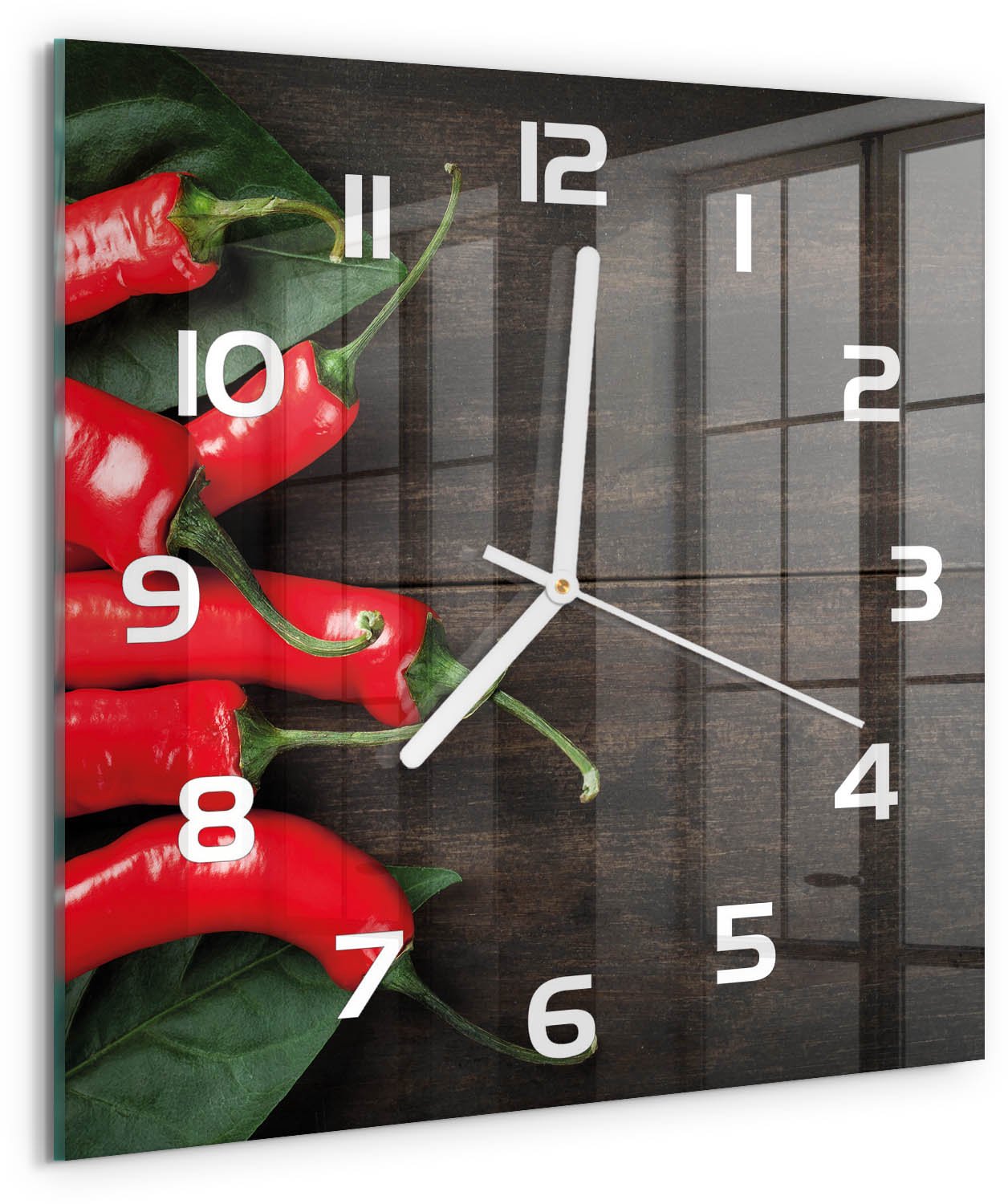 Tulup Wandklok - Chilipepers Wandklok Glas Decoratie - 30x30 cm - Rood Gekleurde Glazen Klok - Witte handen - Vierkante Klok - Klok Glas Met Opdruk - Moderne Wandklok Glas