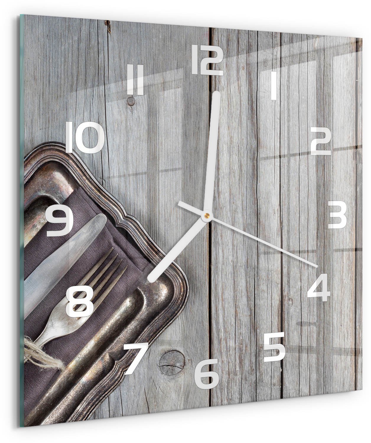 Tulup Wandklok - Bestek op snijplanken Gekleurde Glazen Klok - 30x30 cm - Beige Glazen Klok Met Print - Witte handen - Vierkante Klok - Moderne Wandklok Glas - Wandklok Glas Decoratie