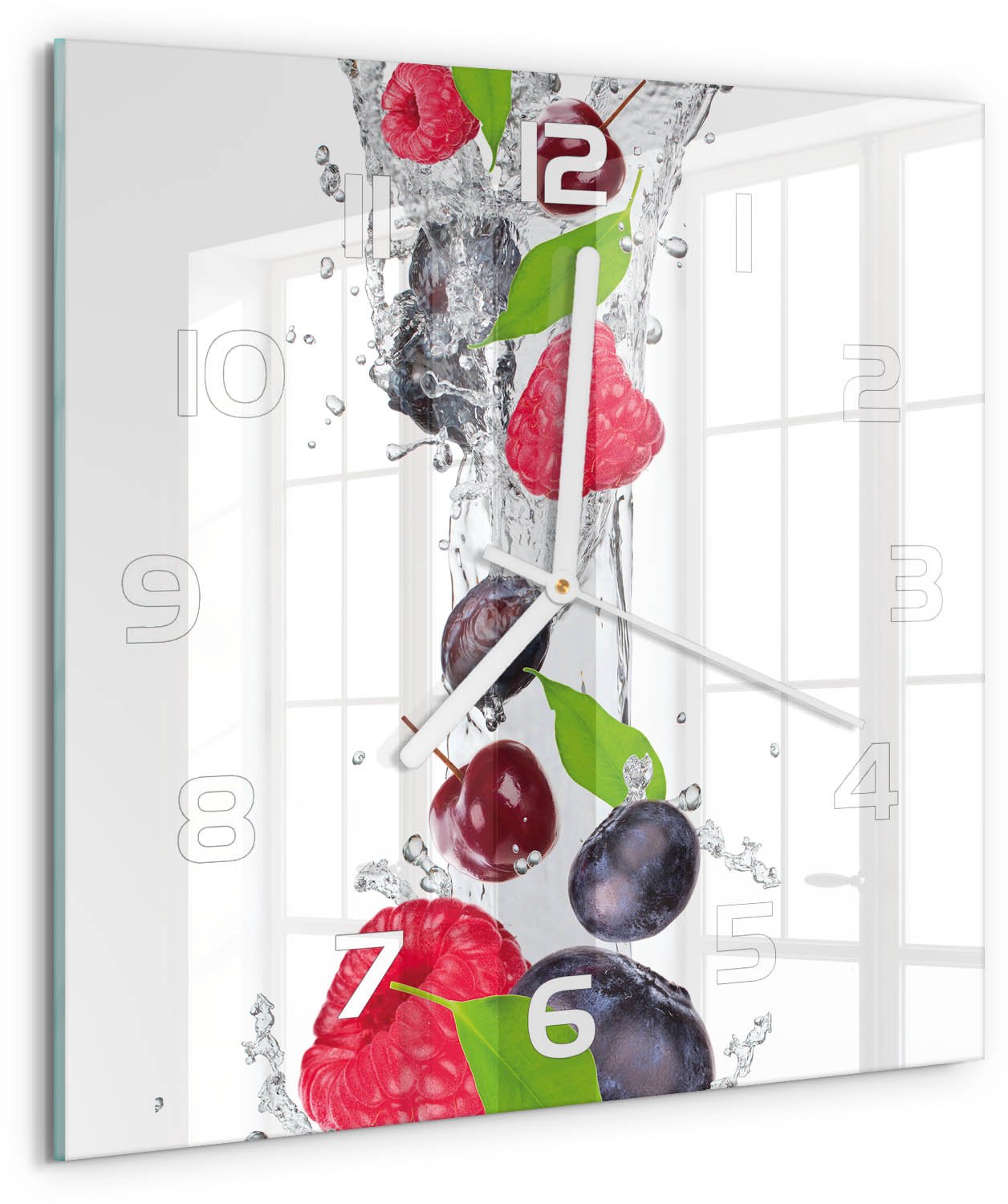 Tulup Wandklok - Fruit en water Decoratieve Glazen Klok - 30x30 cm - Veelkleurig Glazen Wandklok Design - Witte handen - Vierkante Klok - Glazen Klok Met Print - Wandklok Glas Met Motief