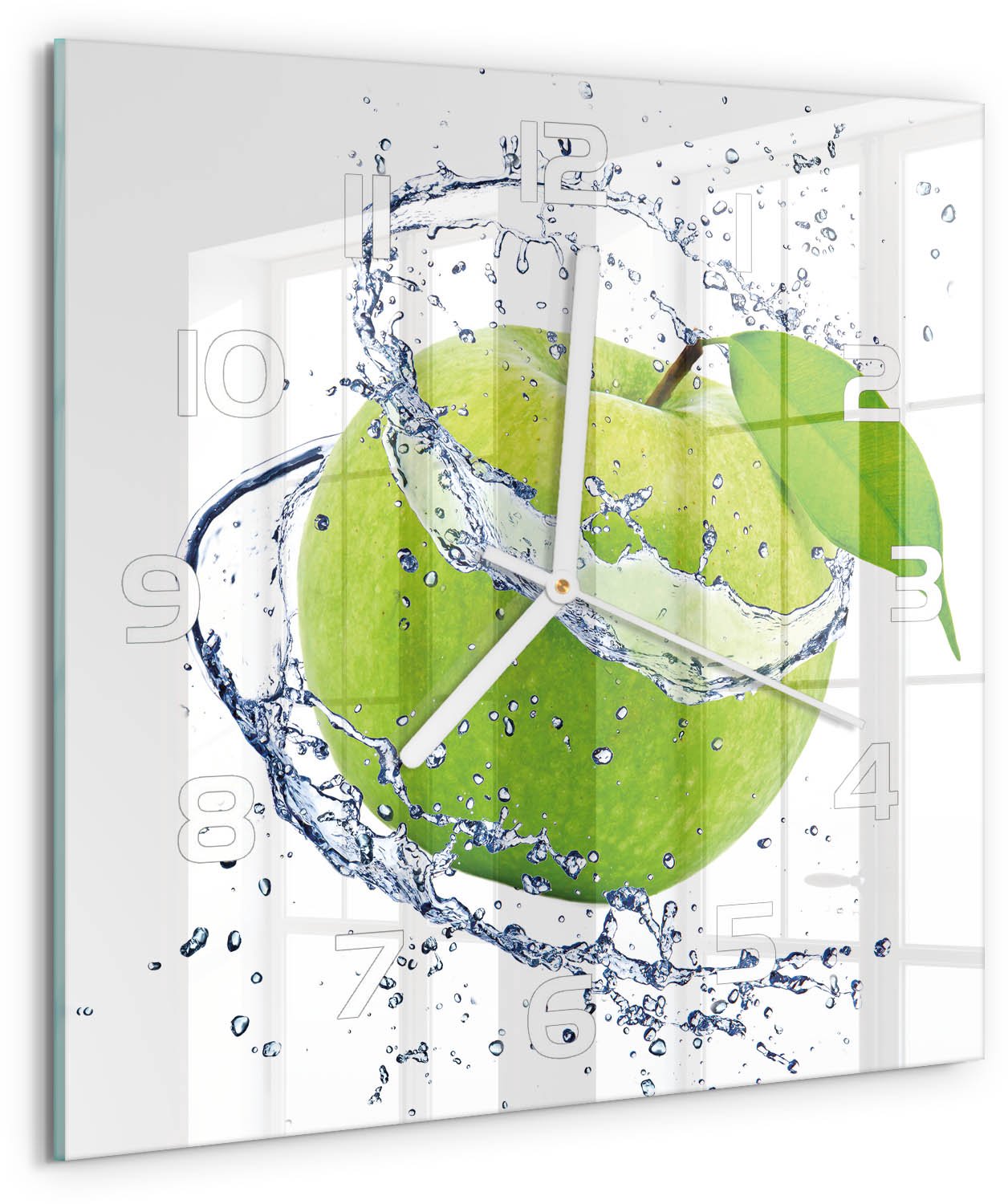 Tulup Wandklok - Groene appel Wandklok Glas Met Motief - 30x30 cm - Groente Decoratieve Glazen Klok - Witte handen - Vierkante Klok - Gekleurde Glazen Klok - Glazen Klok Met Print